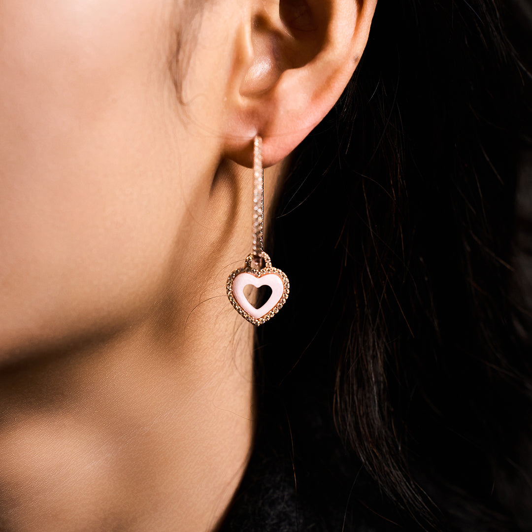 Love Heart Pink Ceramic Earrings 18K Rose Gold Plated 35mm - 4B4340 - wear - Black By Blue Brave
