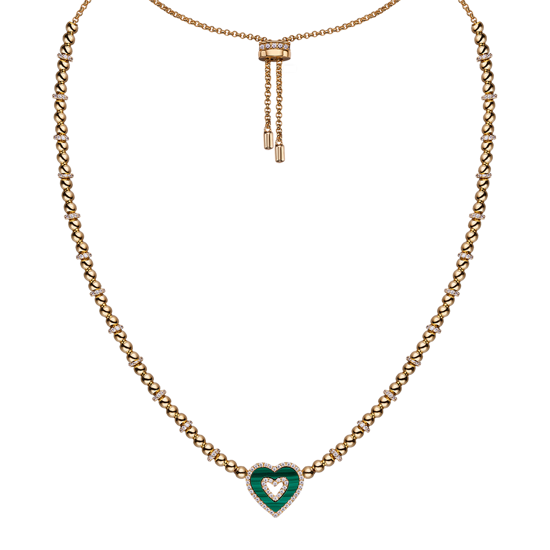 Love Heart Malachite Double Heart Necklace 18K Gold Plated - 4B4331 - front - Black By Blue Brave