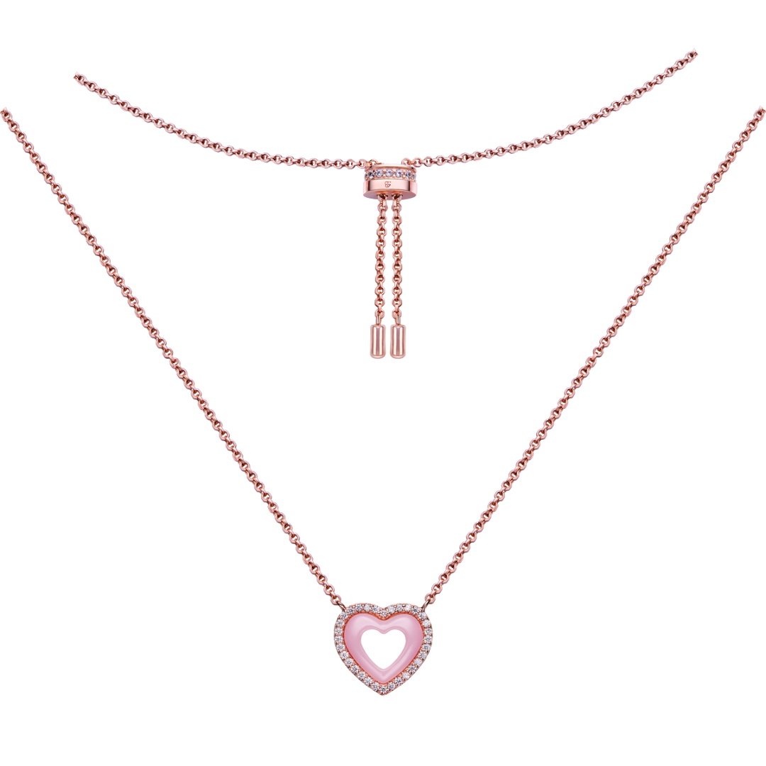 Love Heart Pink Ceramic Necklace 18K Rose Gold Plated - 4B4343 - front - Black By Blue Brave