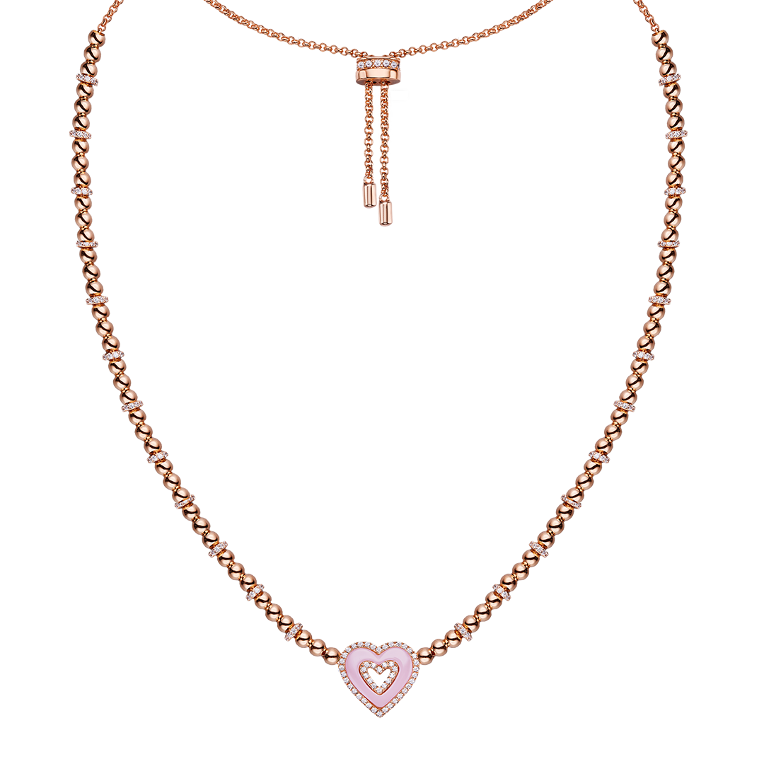 Love Heart Pink Ceramic Double Heart Necklace 18K Rose Gold Plated - 4B4344 - front - Black By Blue Brave