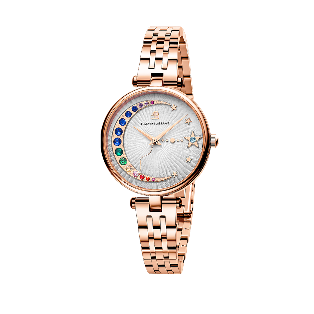 Crescent Moon 32mm White Dial Rainbow Cubic Zirconia Rose Gold Bracelet Watch - BLACK BY BLUE BRAVE