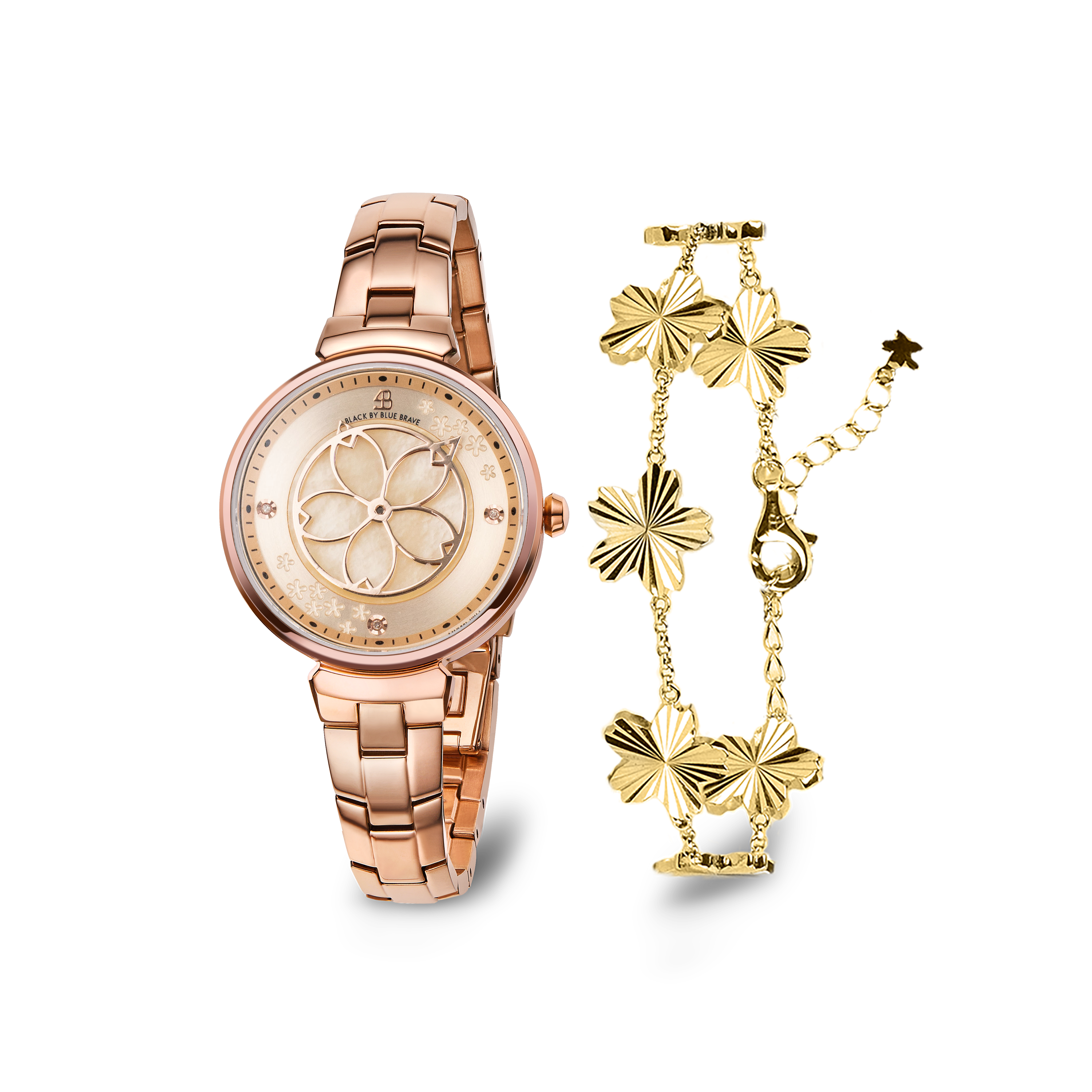 Champagne Cherry Blossom Rose Gold Bracelet Watch With Gold Cherry Blossom Gleam Bracelet - BLACK BY BLUE BRAVE