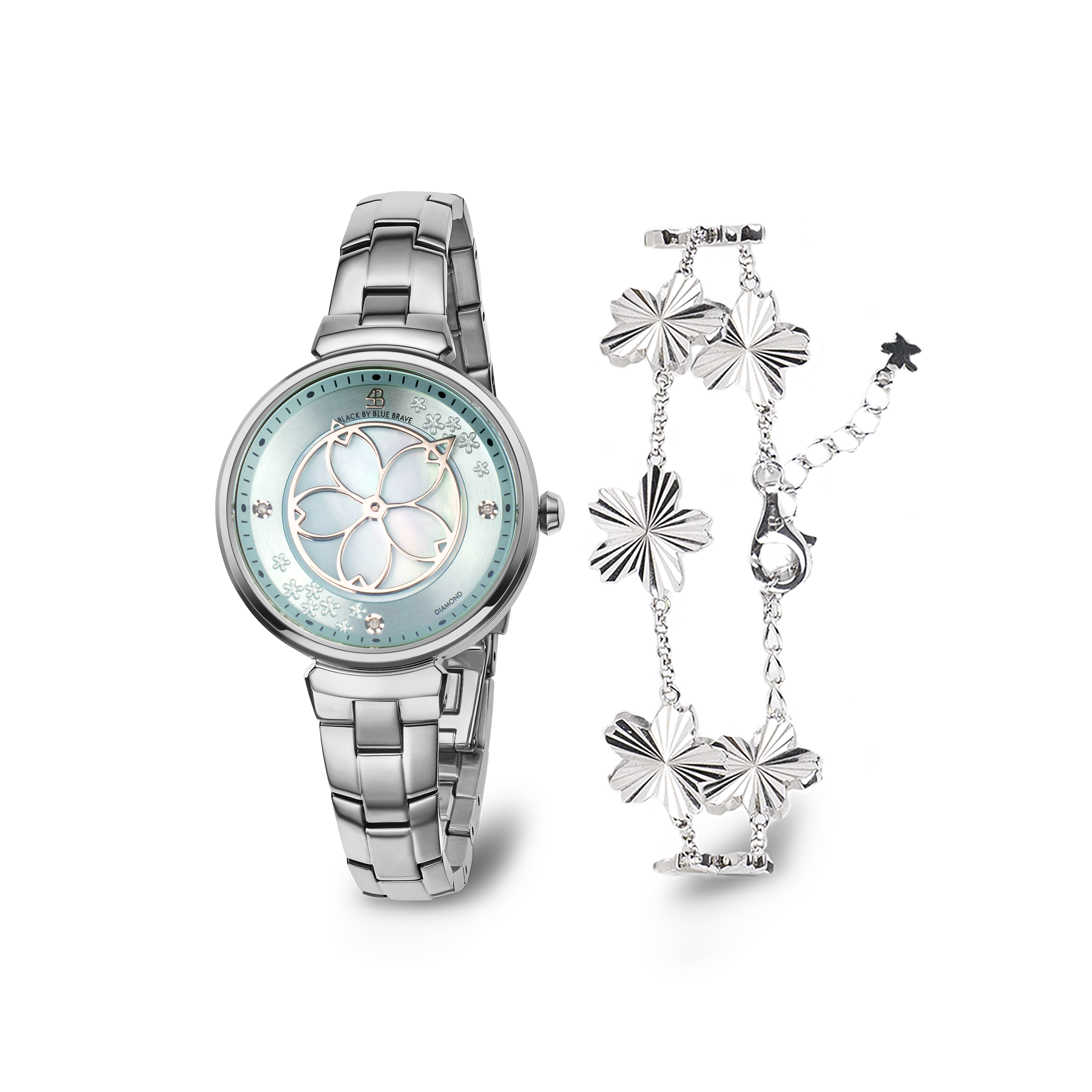 Blue Cherry Blossom Silver Bracelet Watch With Silver Cherry Blossom Gleam Bracelet - BLACK BY BLUE BRAVE