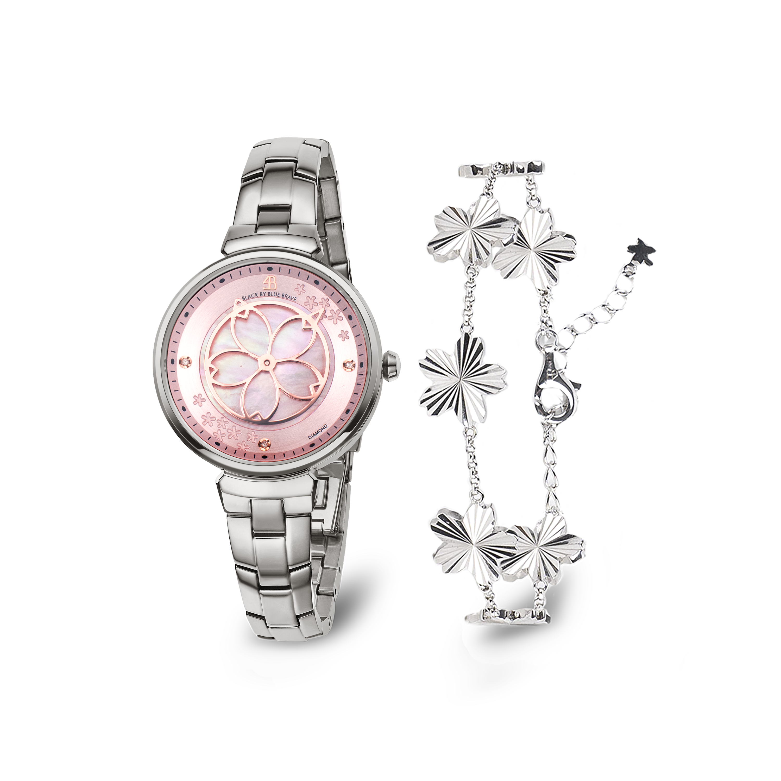 Pink Cherry Blossom Silver Bracelet Watch With Silver Cherry Blossom Gleam Bracelet - BLACK BY BLUE BRAVE