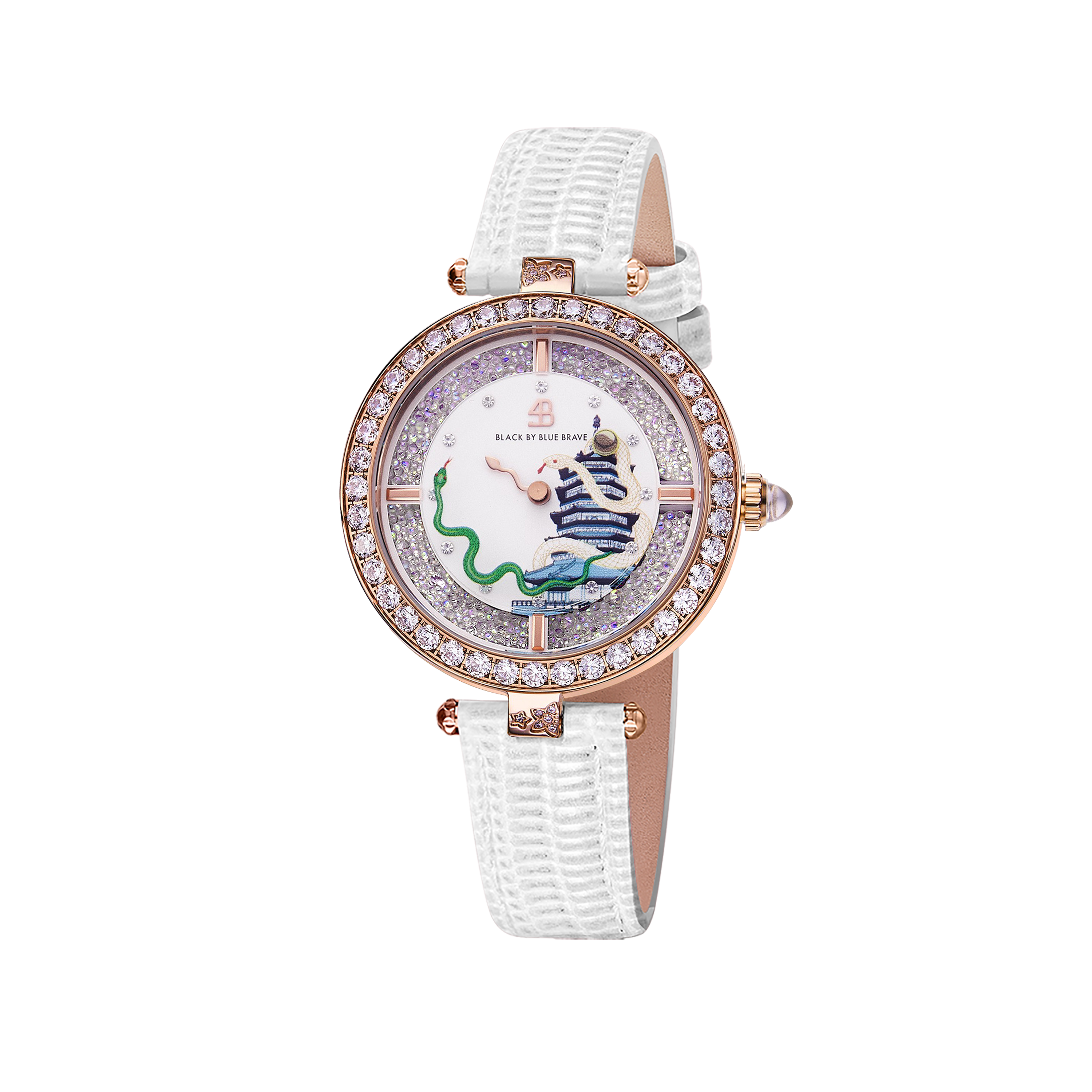 12 Zodiac Collection - Snake Watch 34mm (White Dial with Moving Snake Hands and Leather Strap) - 4B06WL - front - Black By Blue Brave