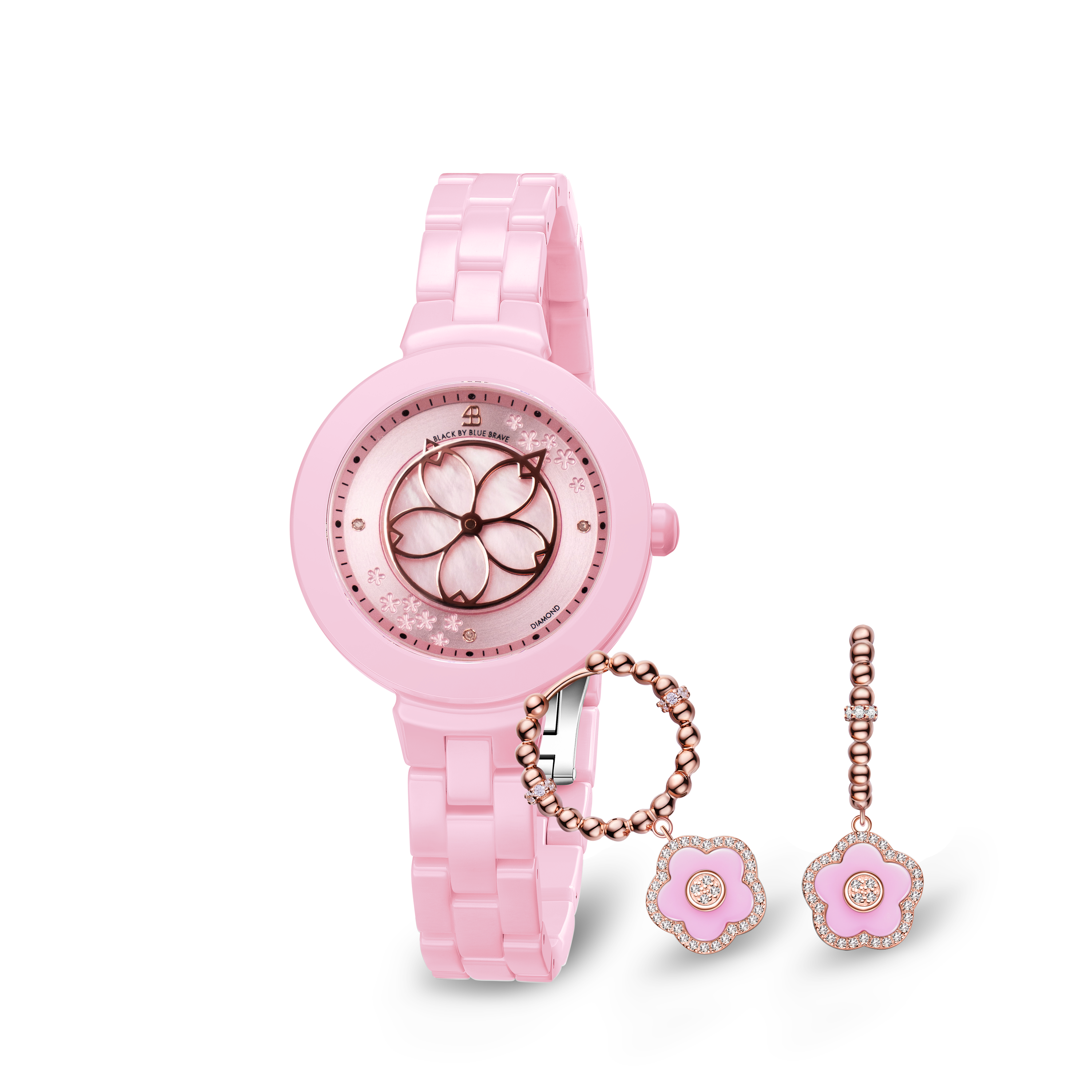 Pink Cherry Blossom Ceramic Watch With Pink Ceramic Flowers Earrings - BLACK BY BLUE BRAVE
