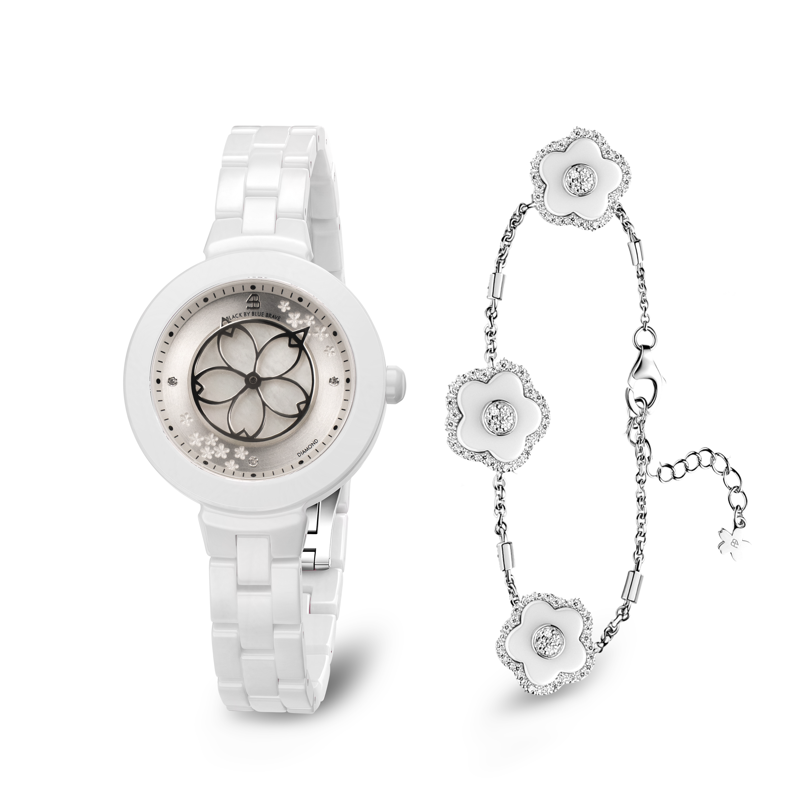 White Cherry Blossom Ceramic Watch With White Ceramic Flowers Bracelet - BLACK BY BLUE BRAVE