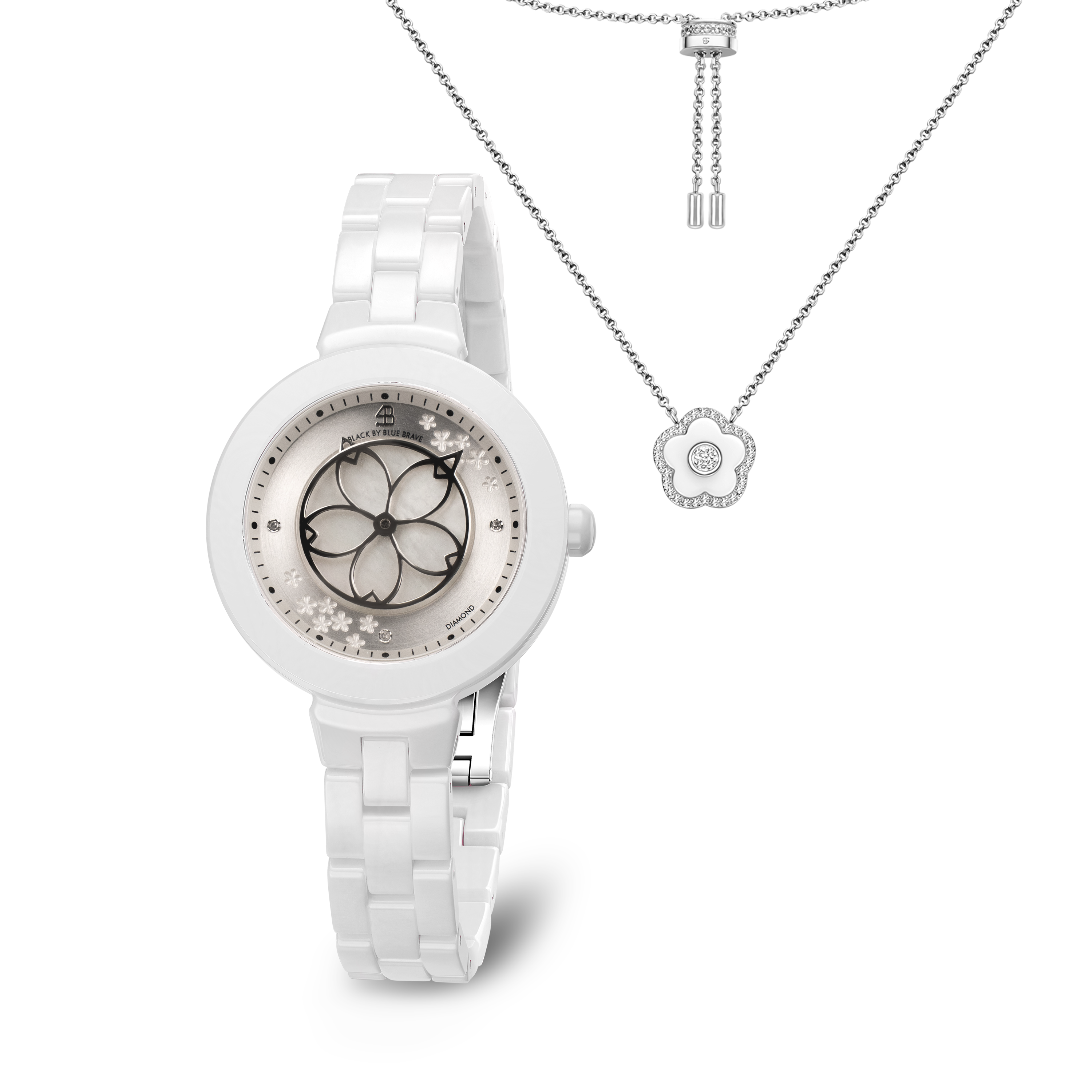 White Cherry Blossom Ceramic Watch With White Ceramic Flowers Necklace - BLACK BY BLUE BRAVE