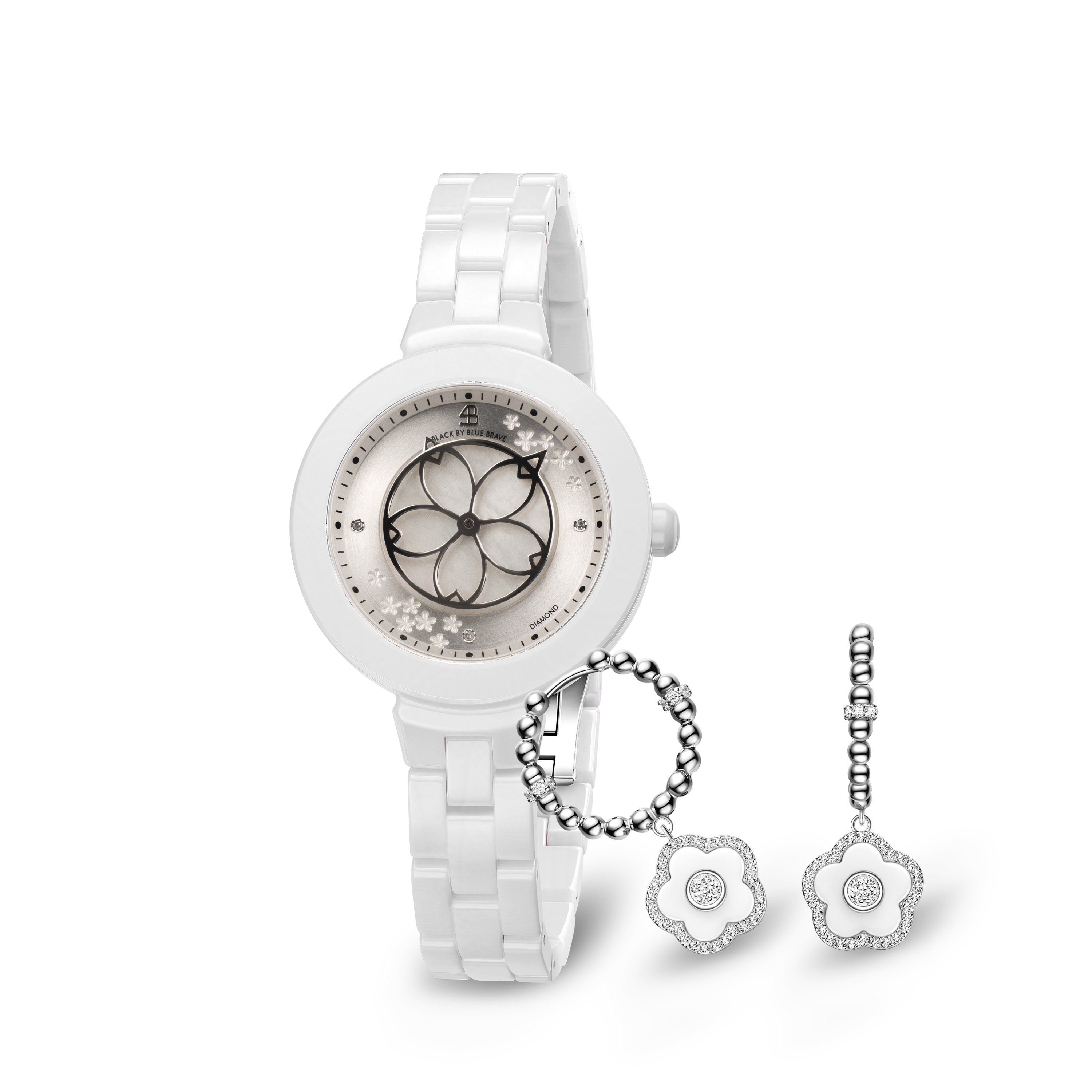 White Cherry Blossom Ceramic Watch With White Ceramic Flowers Earrings - BLACK BY BLUE BRAVE