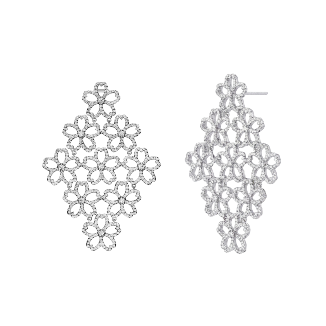 Cherry Blossom Cascade 9-Flower Sakura Zirconia Silver Earrings (Platinum Plated) - BLACK BY BLUE BRAVE
