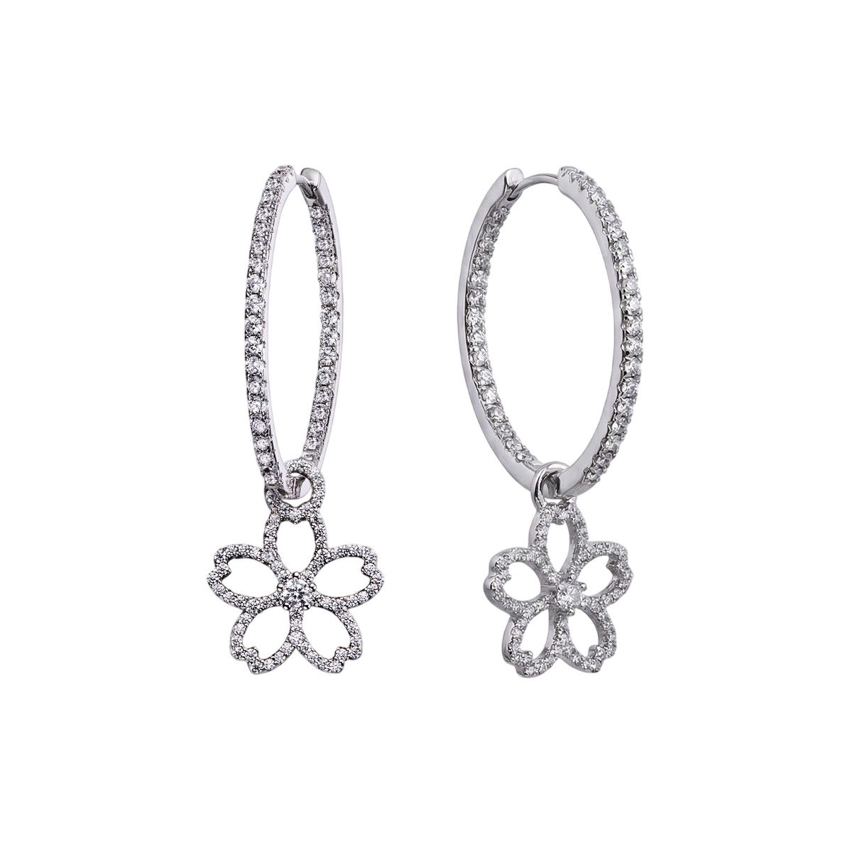 Cherry Blossom Cascade 20mm Sakura Flower Zirconia Silver Earrings (Platinum Plated) - BLACK BY BLUE BRAVE