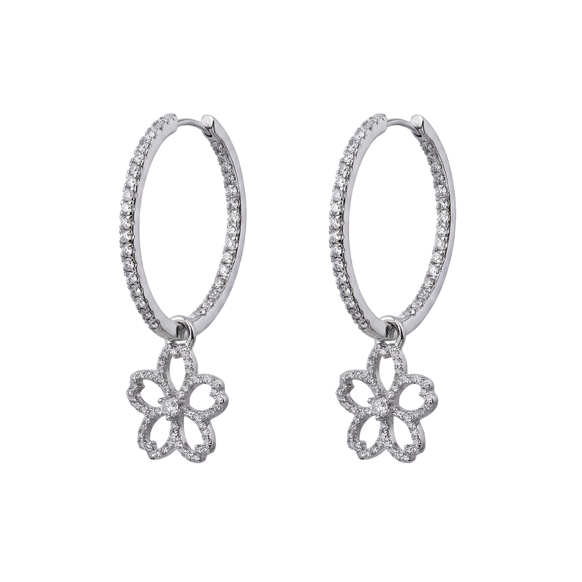 Cherry Blossom Cascade 20mm Sakura Flower Zirconia Silver Earrings (Platinum Plated) - BLACK BY BLUE BRAVE