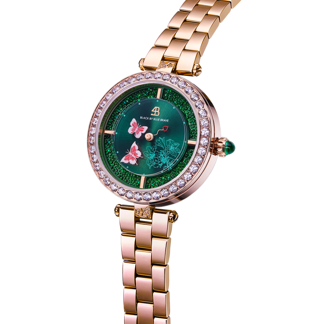 Butterfly Lovers 34mm Green Dial Leather Strap Watch & Rose Gold 3-Link Bracelet Strap - BLACK BY BLUE BRAVE
