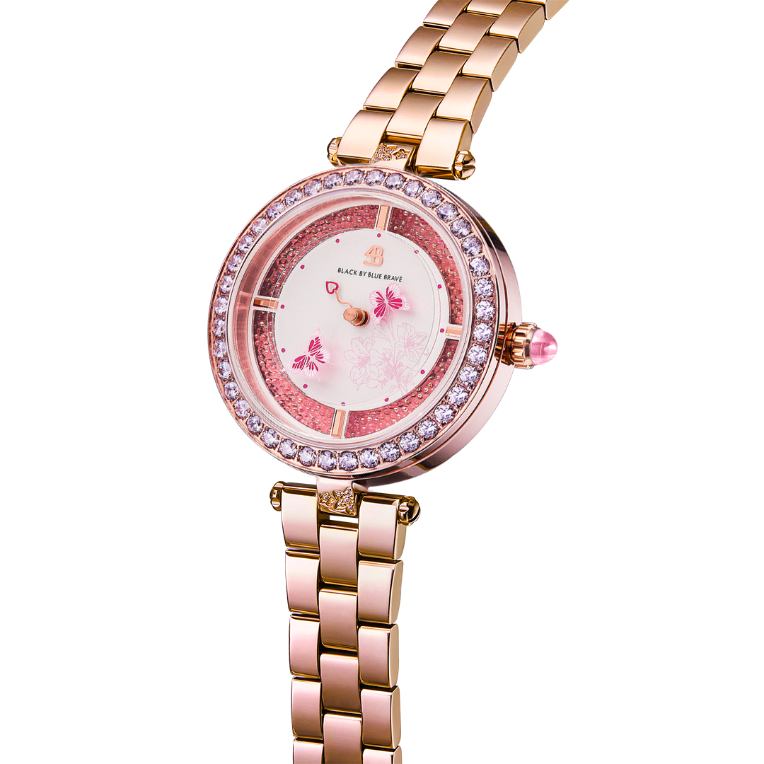Butterfly Lovers 34mm Pink Dial Leather Strap Watch & Rose Gold 3-Link Bracelet Strap - BLACK BY BLUE BRAVE