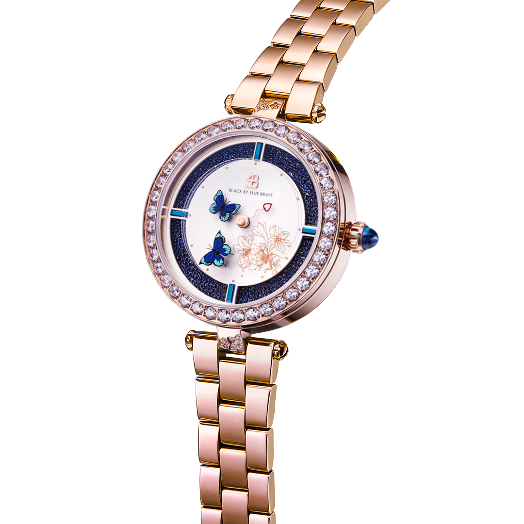 Butterfly Lovers 34mm Blue Dial Leather Strap Watch & Rose Gold 3-Link Bracelet Strap - BLACK BY BLUE BRAVE