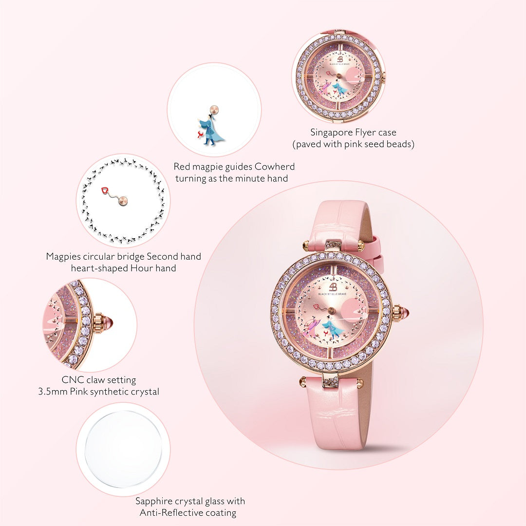 Cowherd and Weaver Girl 34mm Pink Dial Magpies Bridge Genuine Leather Strap Watch  (One Watch & Two Bracelet) - BLACK BY BLUE BRAVE