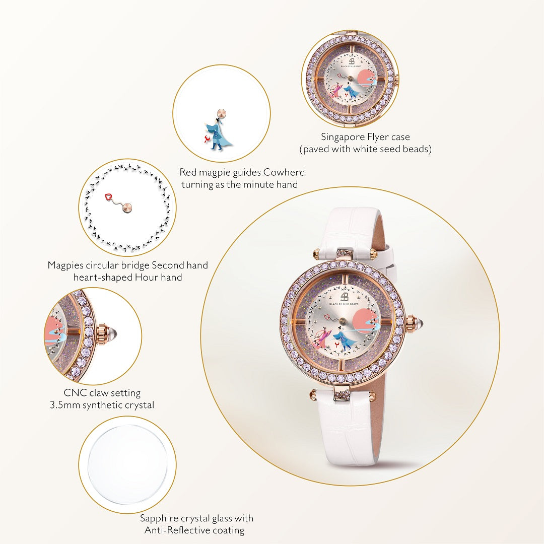 Cowherd and Weaver Girl 34mm White Dial Magpies Bridge Genuine Leather Strap Watch  (One Watch & Two Bracelet) - BLACK BY BLUE BRAVE