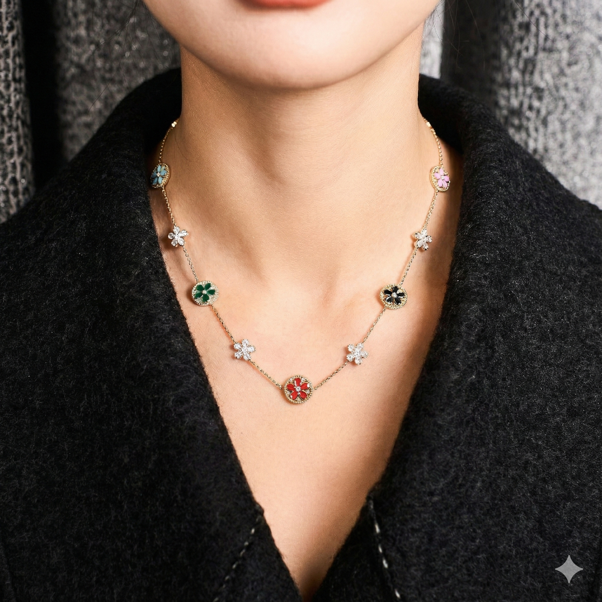Cherry Blossom Symphony Enamel 14-Flower Sakura Gold Necklace (18K Gold Plated) - BLACK BY BLUE BRAVE