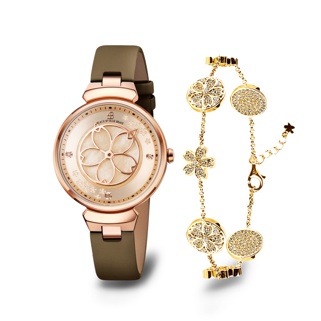 Champagne Cherry Blossom Watch With Gold Cherry Blossom Symphony Bracelet - BLACK BY BLUE BRAVE