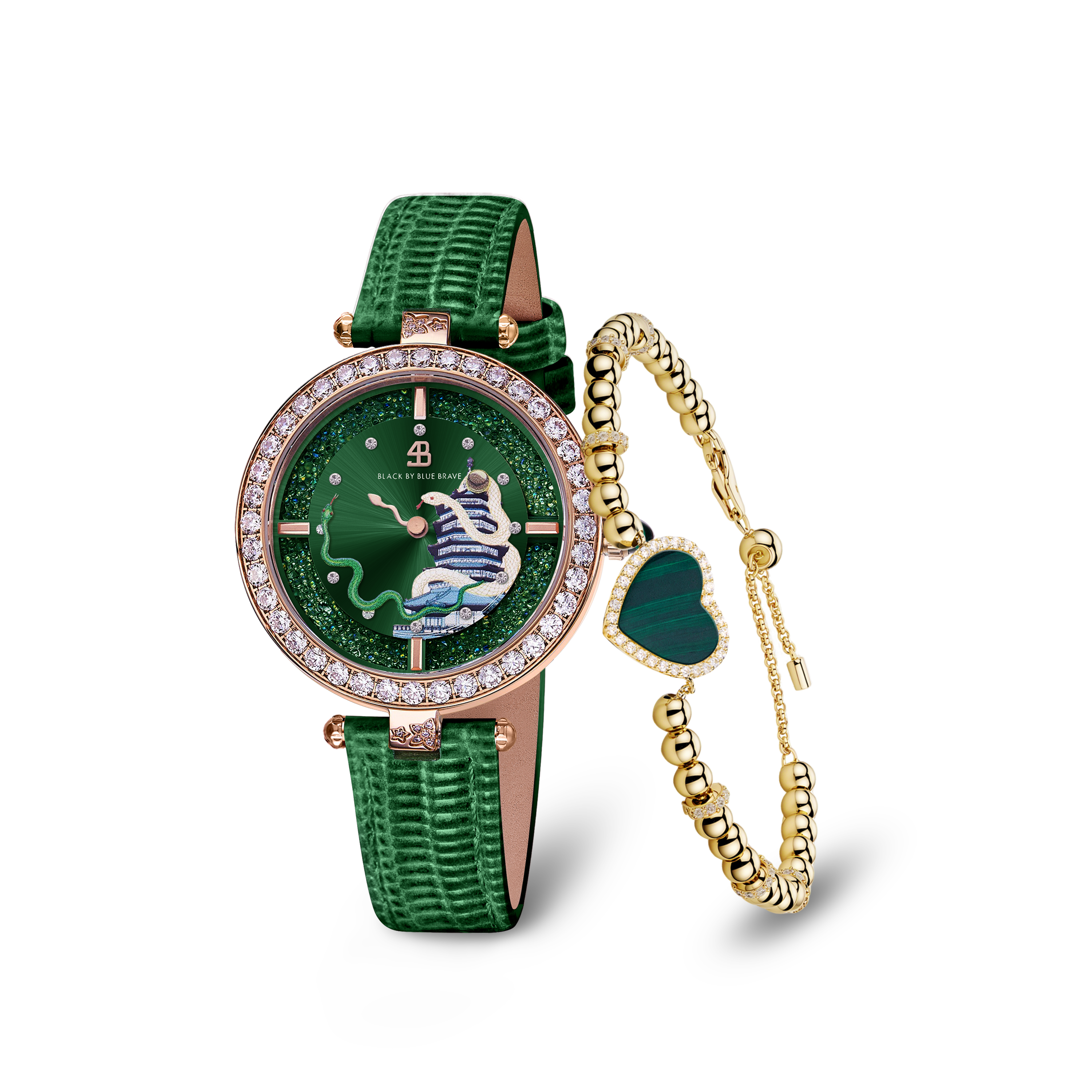 Green Snake Watch With Love Heart Malachite Bracelet - BLACK BY BLUE BRAVE