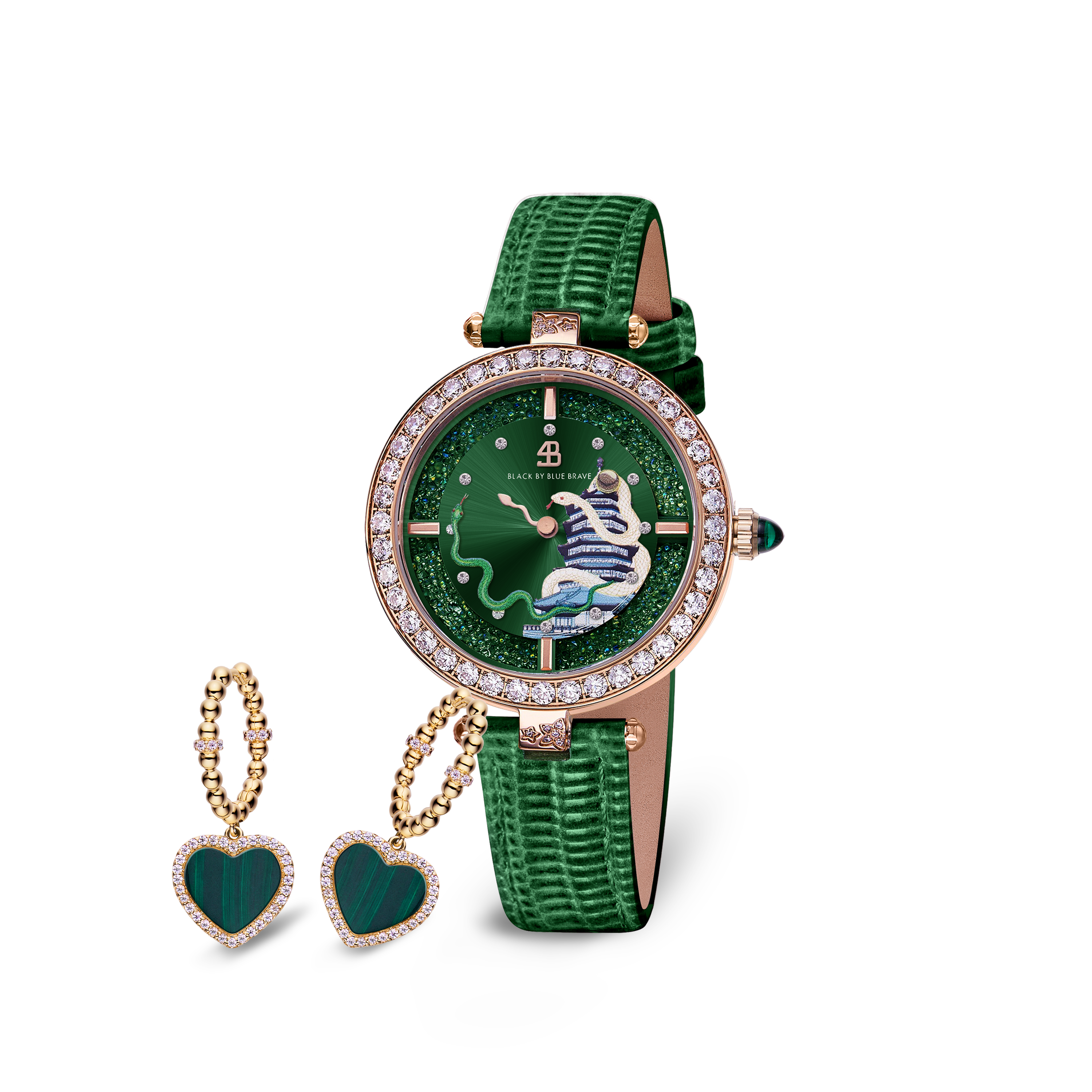 Green Snake Watch With Love Heart Malachite Earrings 20mm - BLACK BY BLUE BRAVE