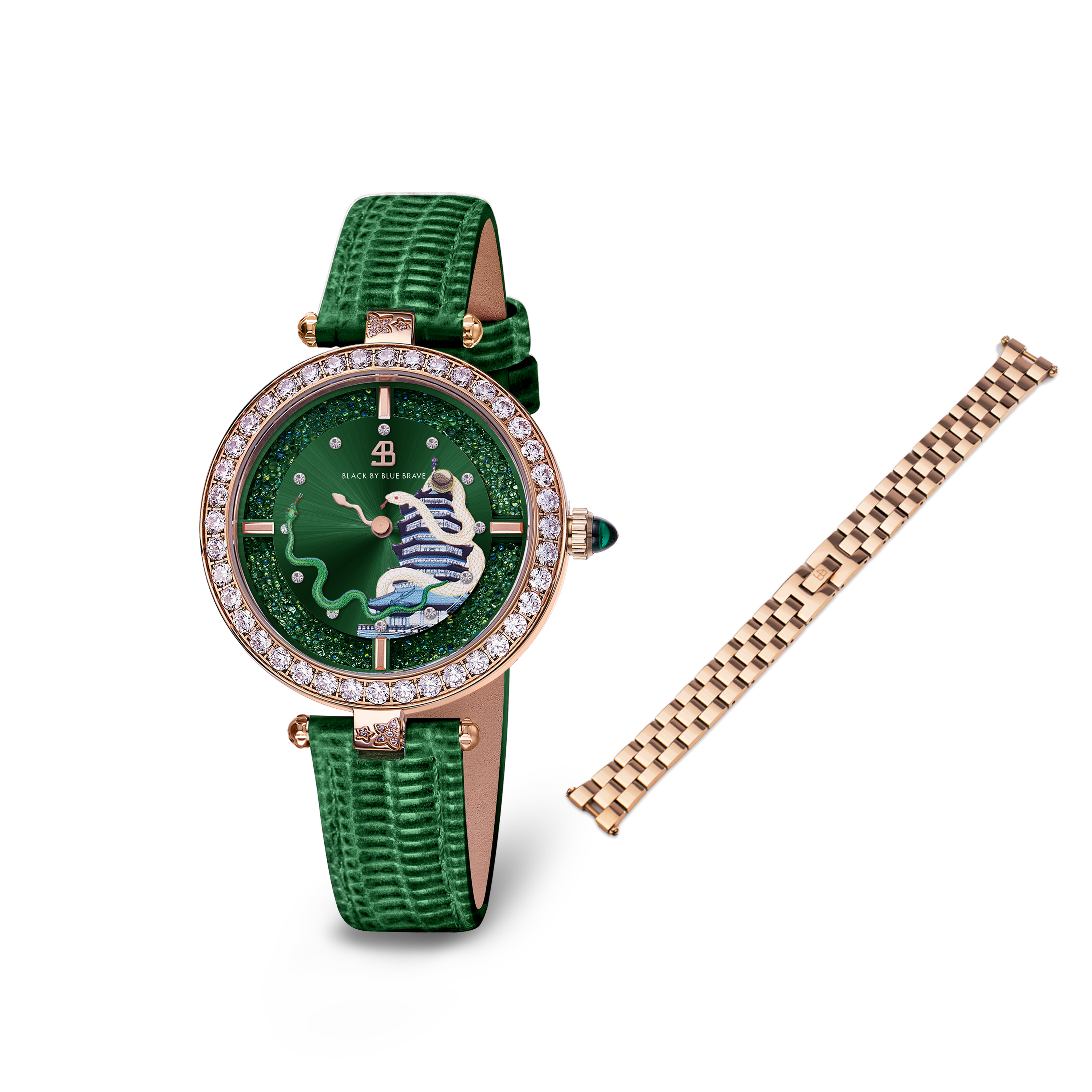 Green Snake Watch With Rose Gold 3-Link Bracelet Strap - BLACK BY BLUE BRAVE