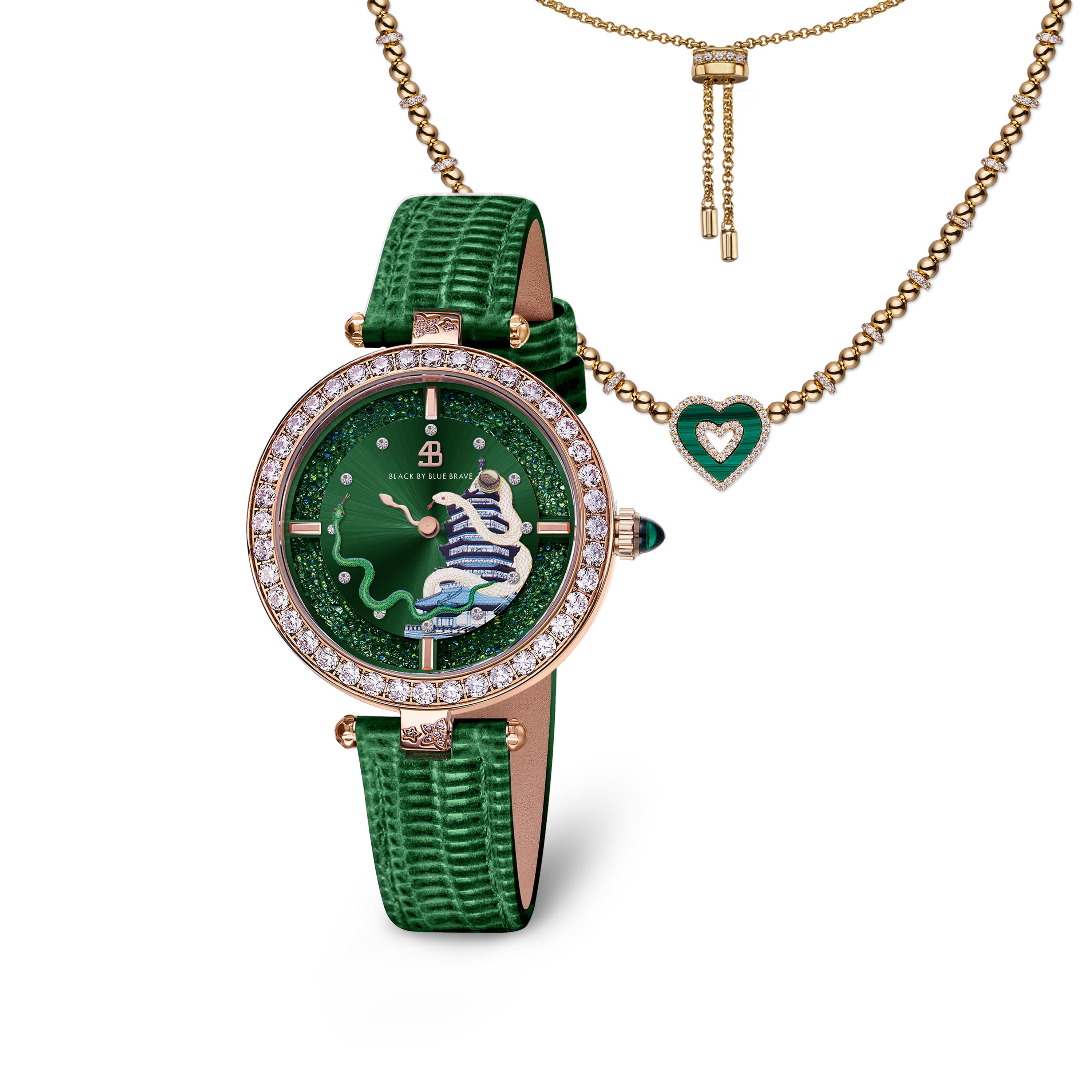 Green Snake Watch With Love Heart Malachite Double Heart Necklace - BLACK BY BLUE BRAVE
