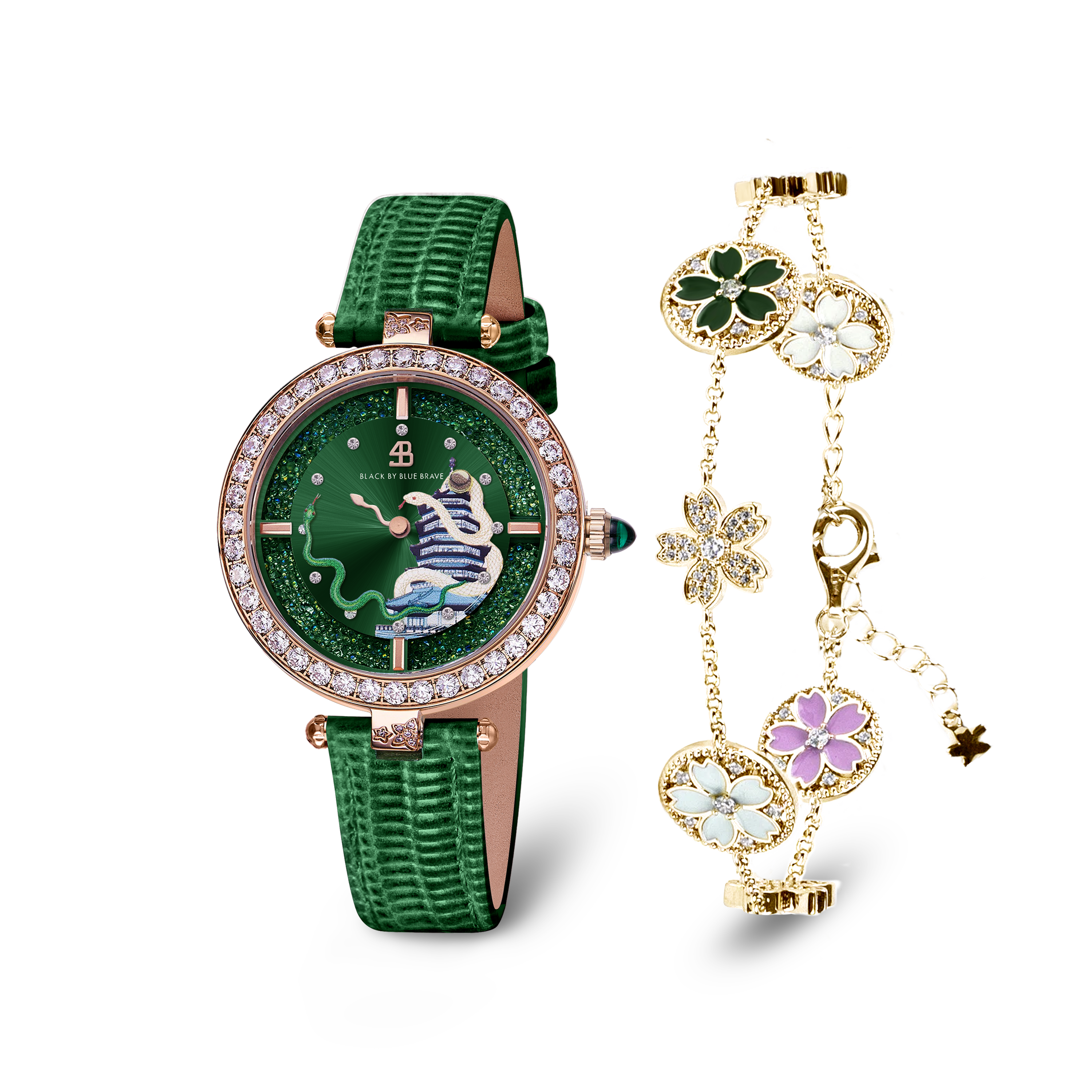 Green Snake Watch With Cherry Blossom Symphony Enamel 7-Flower Gold Bracelet - BLACK BY BLUE BRAVE