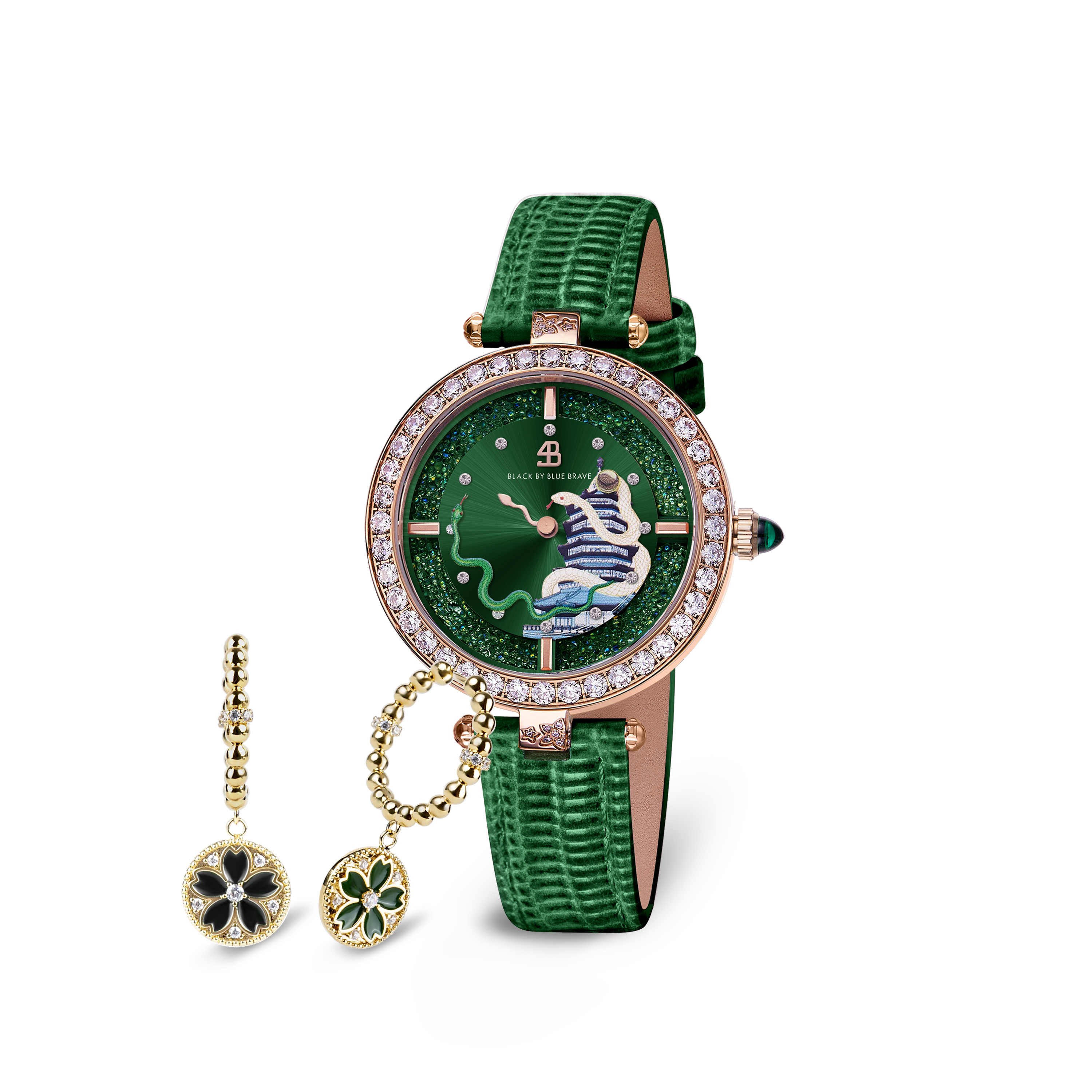 Green Snake Watch With Cherry Blossom Symphony Green & Black Enamel Gold Earrings - BLACK BY BLUE BRAVE