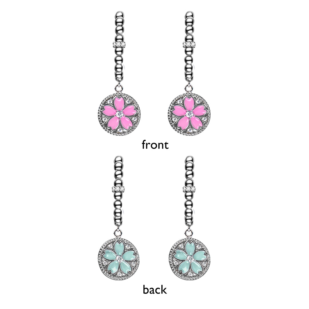 Cherry Blossom Symphony Pink & Blue Enamel Silver Earrings (Platinum Plated) - BLACK BY BLUE BRAVE