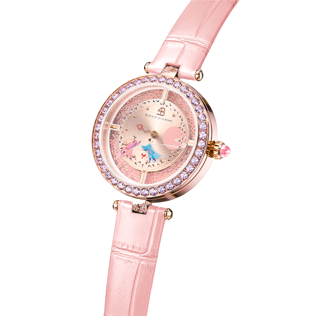 Cowherd and Weaver Girl 34mm Pink Dial Magpies Bridge Genuine Leather Strap Watch  (One Watch & Two Bracelet) - BLACK BY BLUE BRAVE