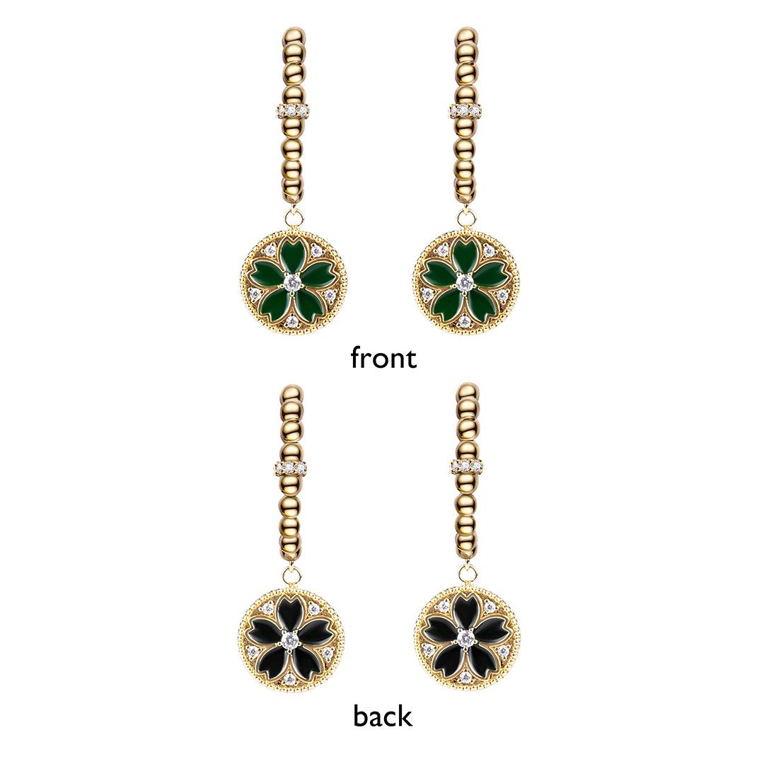 Cherry Blossom Symphony Green & Black Enamel Gold Earrings (18K Gold Plated) - BLACK BY BLUE BRAVE