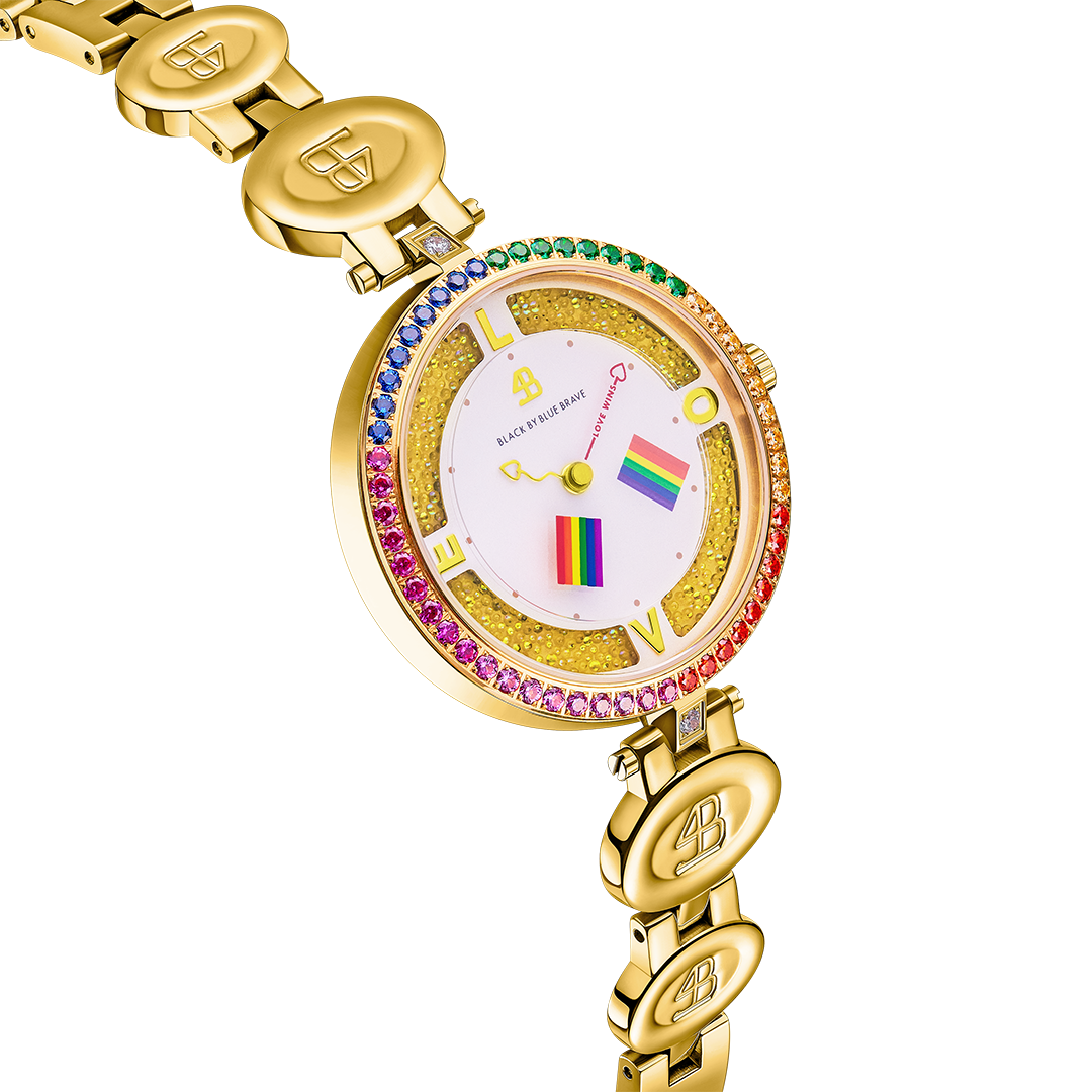 Love Wins 34mm Gold Dial Moving Rainbow Flag Bracelet Watch - BLACK BY BLUE BRAVE