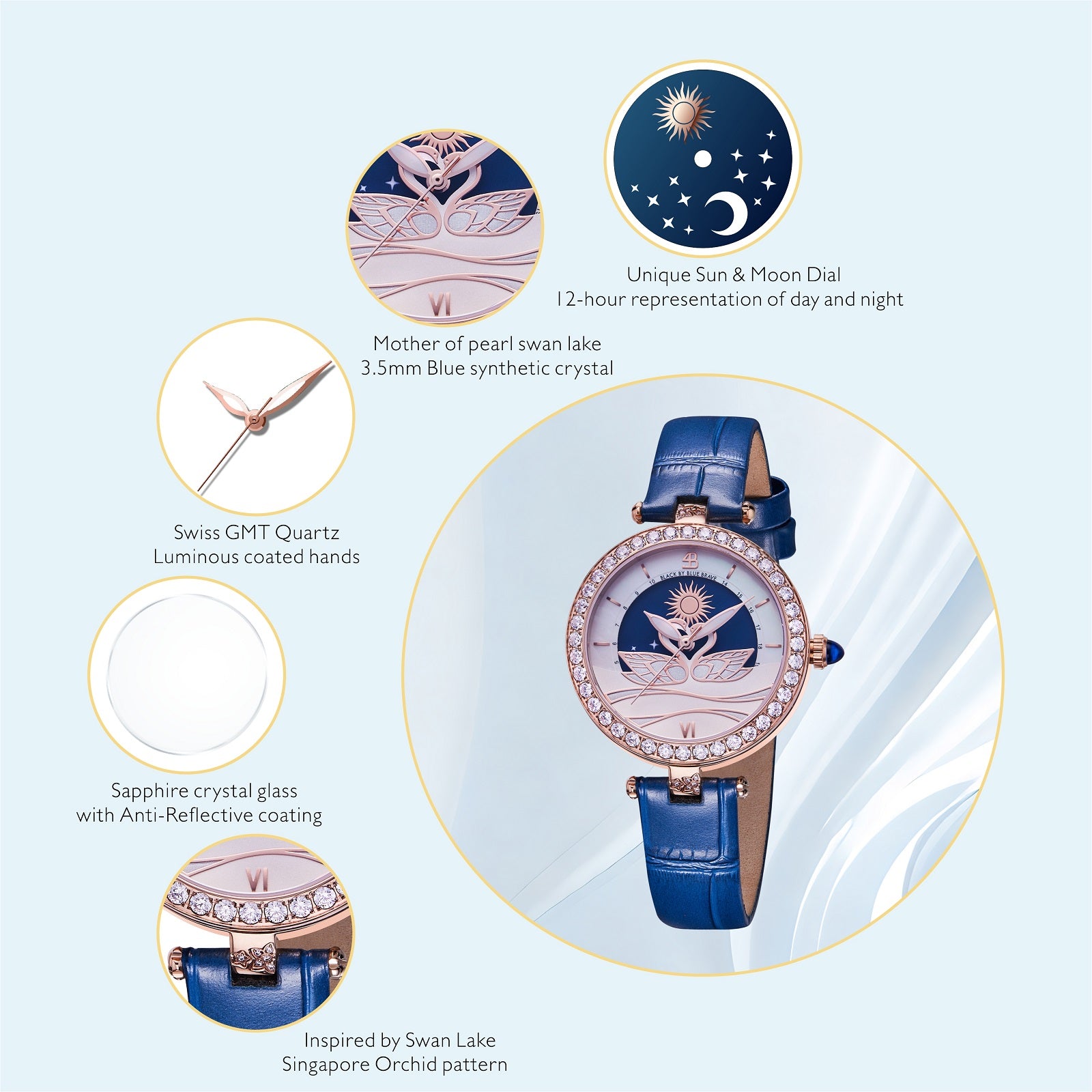 Swan Lovers 34mm Blue Moon Phase Dial Leather Strap Watch - BLACK BY BLUE BRAVE