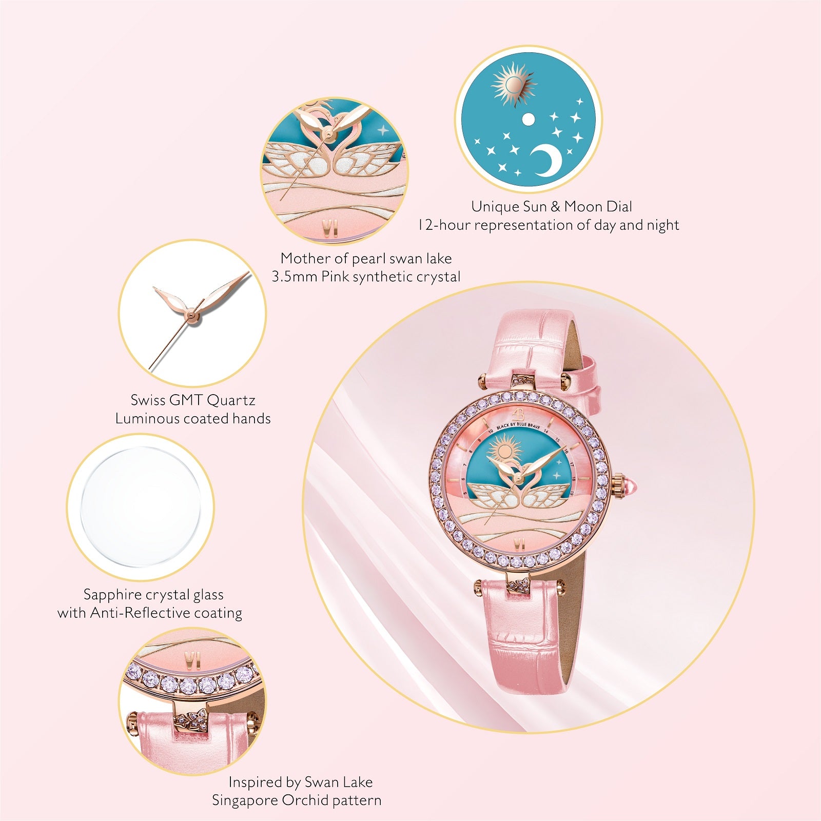 Swan Lovers 34mm Pink Moon Phase Dial Leather Strap Watch - BLACK BY BLUE BRAVE