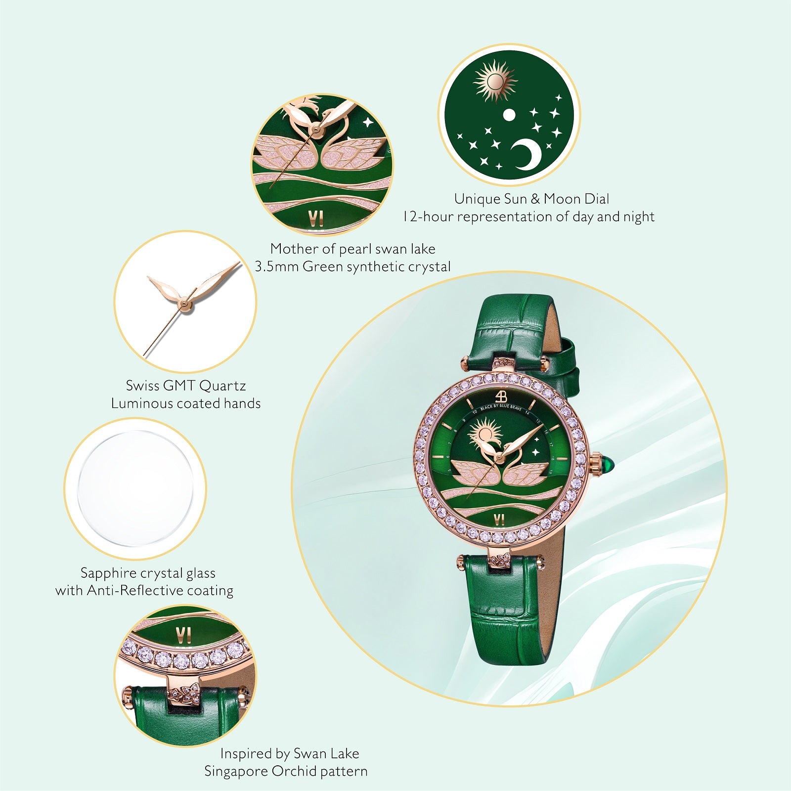 Swan Lovers 34mm Green Moon Phase Dial Leather Strap Watch - BLACK BY BLUE BRAVE