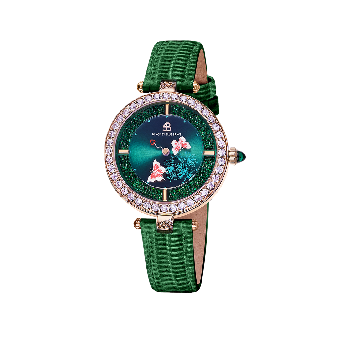 Butterfly Lovers 34mm Green Dial Moving Butterfly Hands Leather Strap Watch - BLACK BY BLUE BRAVE