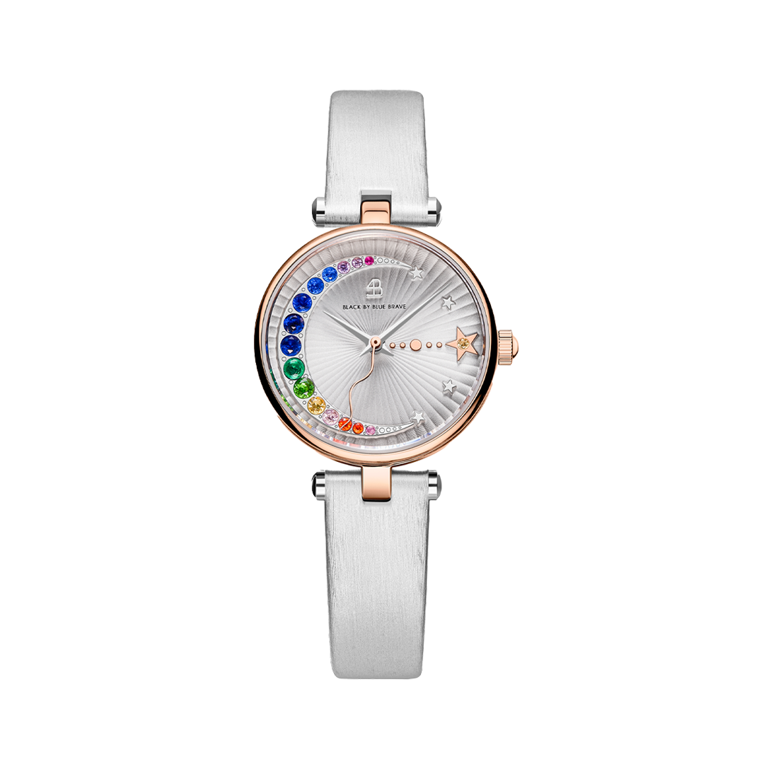 Crescent Moon 28mm White Dial Rainbow Cubic Zirconia Satin Leather Strap Watch - BLACK BY BLUE BRAVE