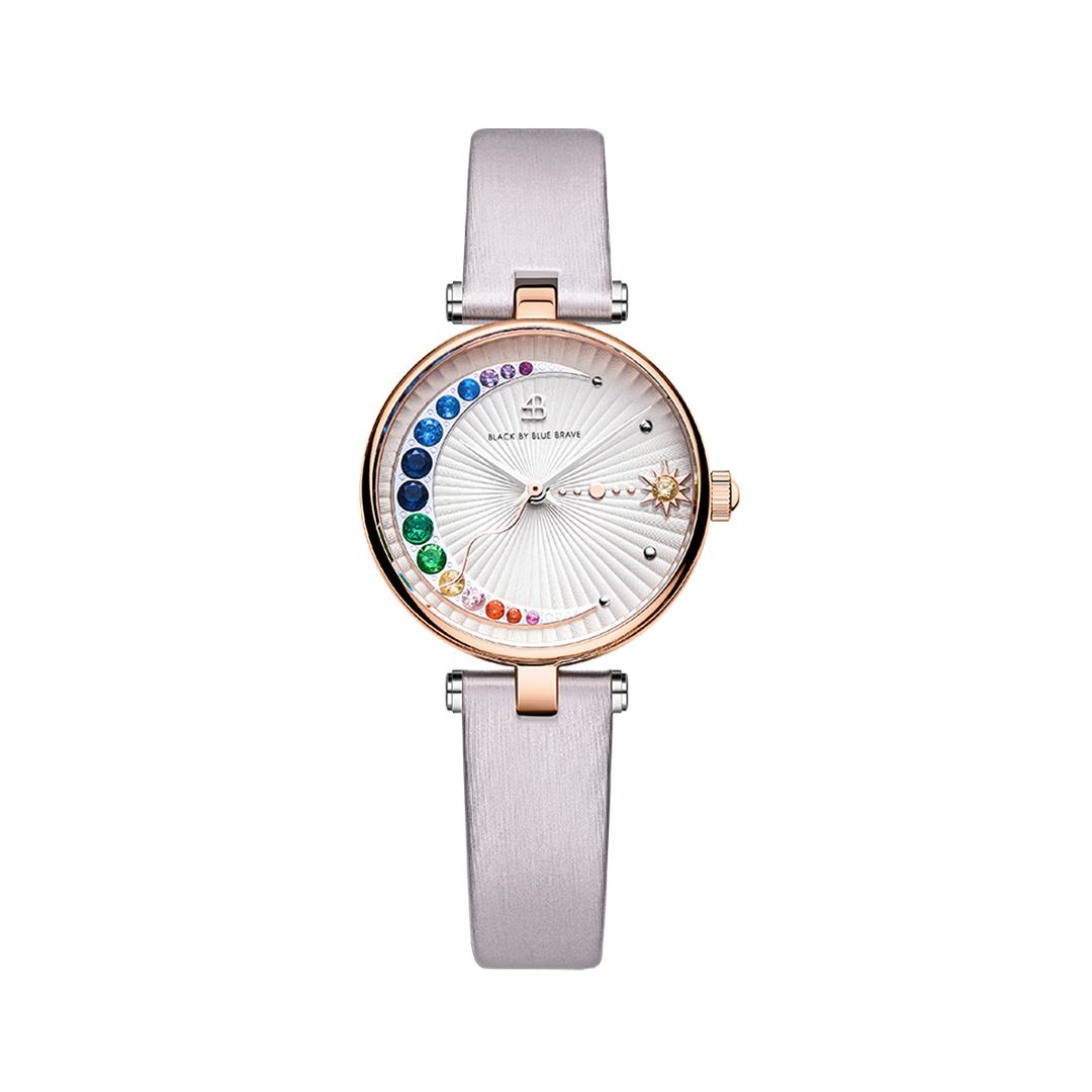 Crescent Moon 28mm White Dial Rainbow Cubic Zirconia Satin Leather Strap Watch - BLACK BY BLUE BRAVE