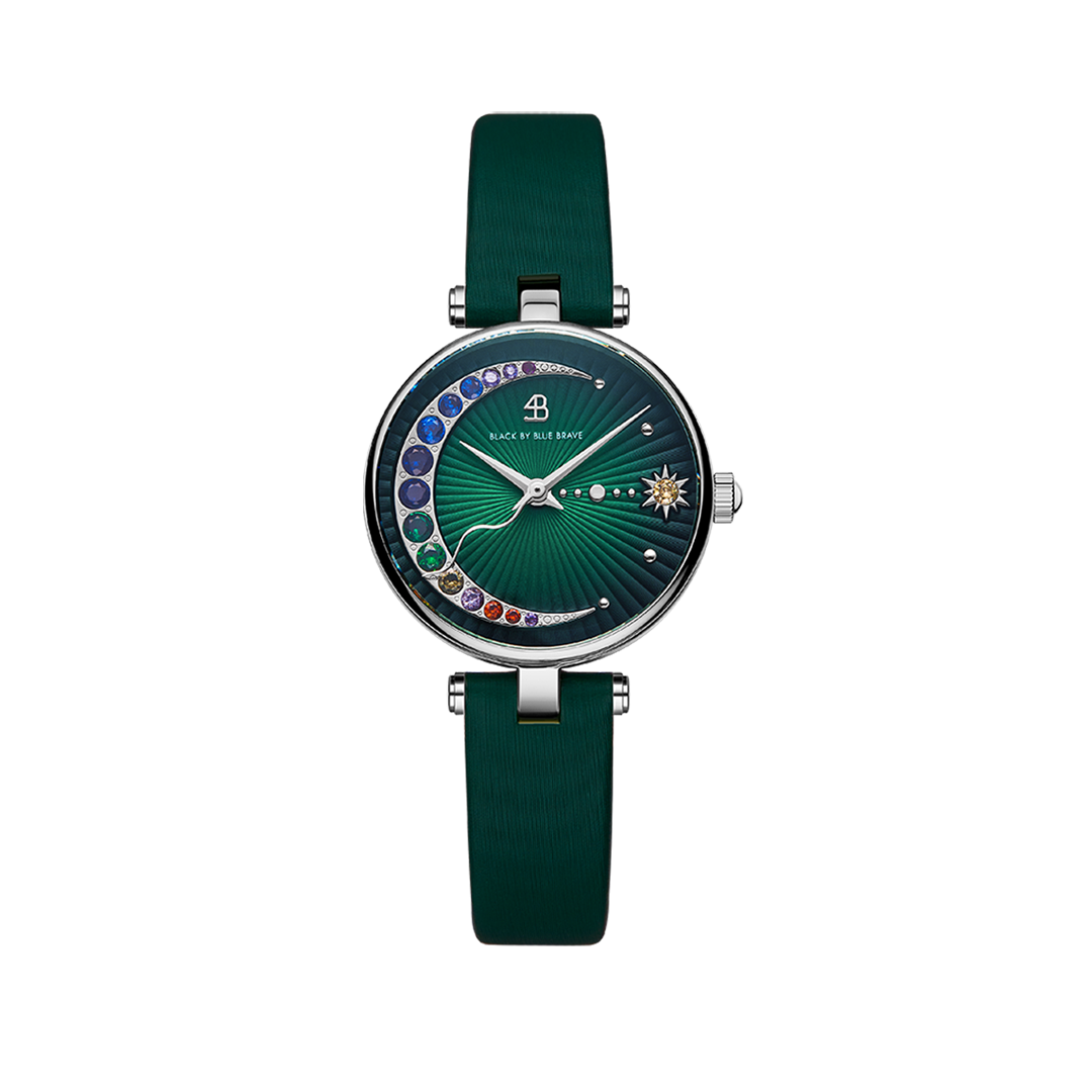 Crescent Moon 28mm Green Dial Rainbow Cubic Zirconia Satin Leather Strap Watch - BLACK BY BLUE BRAVE