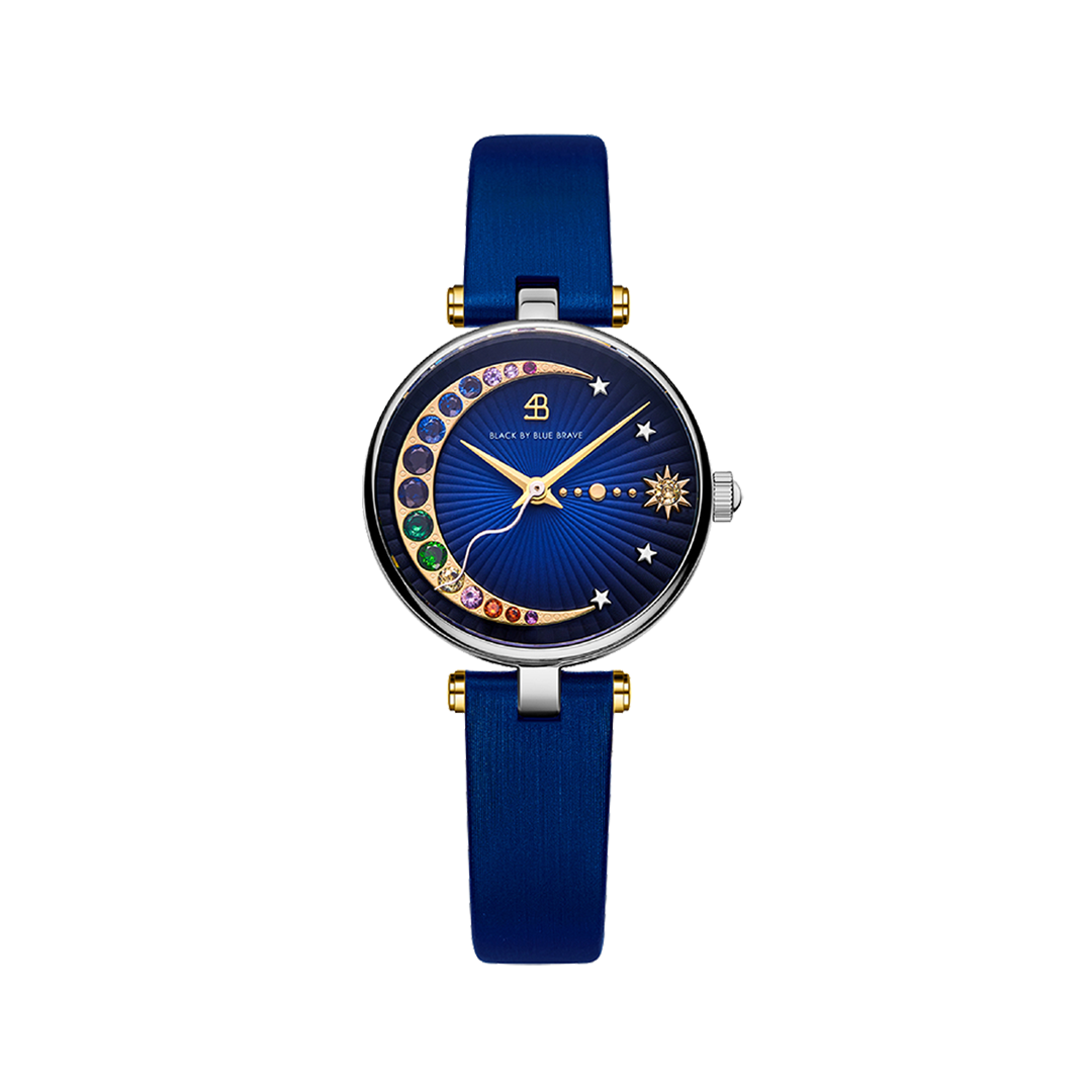 Crescent Moon 28mm Blue Dial Rainbow Cubic Zirconia Satin Leather Strap Watch - BLACK BY BLUE BRAVE