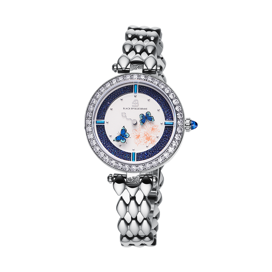 Butterfly Lovers 34mm Blue Dial Moving Butterfly Hands Silver Bracelet Watch - BLACK BY BLUE BRAVE