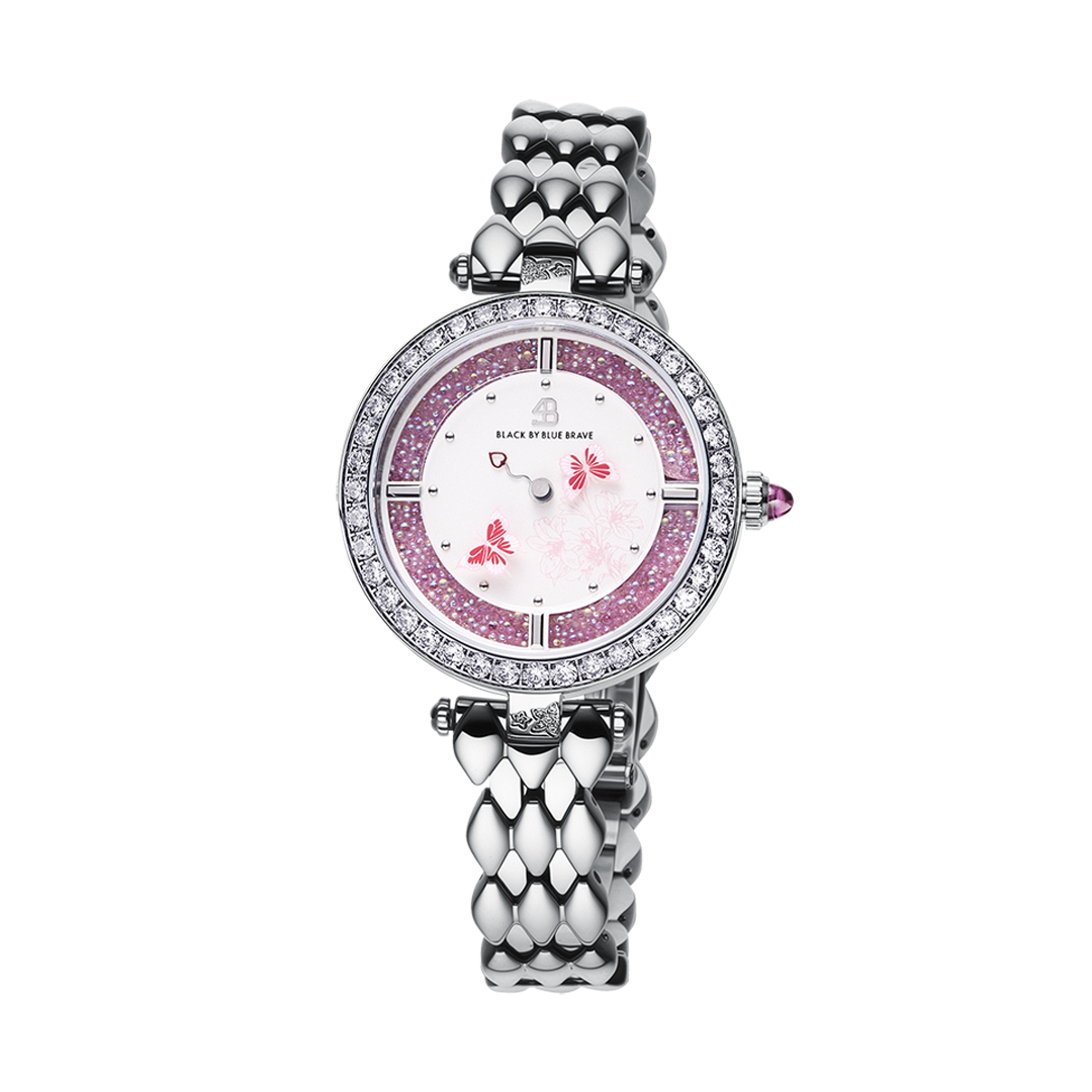 Butterfly Lovers 34mm Pink Dial Moving Butterfly Hands Silver Bracelet Watch - BLACK BY BLUE BRAVE