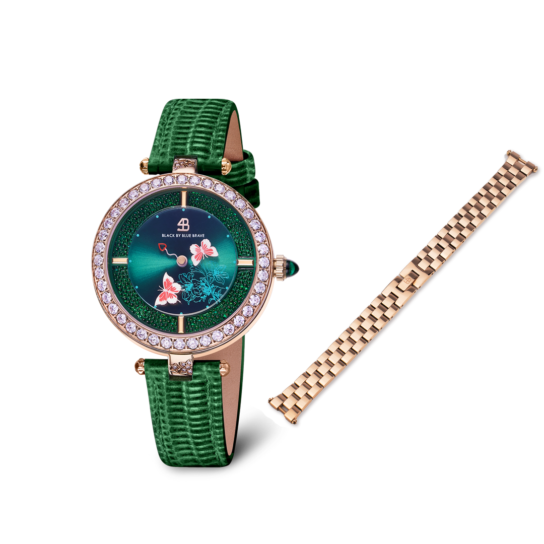 Butterfly Lovers 34mm Green Dial Leather Strap Watch & Rose Gold 3-Link Bracelet Strap - BLACK BY BLUE BRAVE