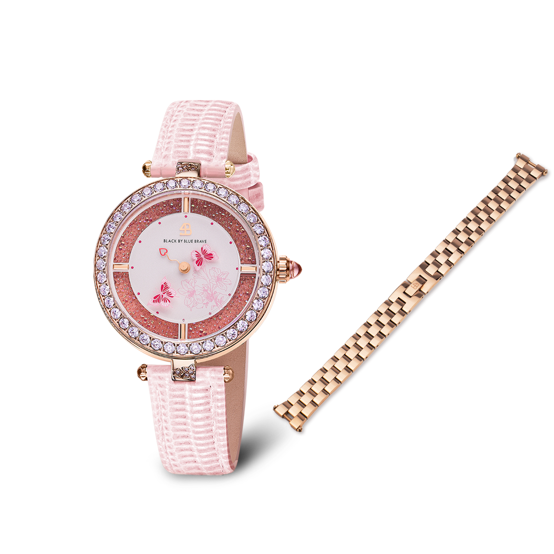 Butterfly Lovers 34mm Pink Dial Leather Strap Watch & Rose Gold 3-Link Bracelet Strap - BLACK BY BLUE BRAVE