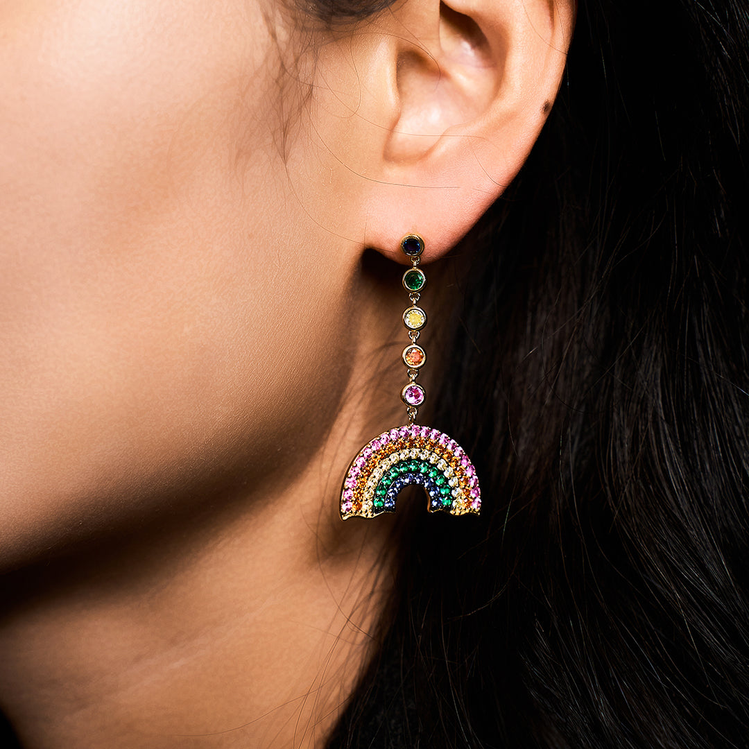 Love Wins Rainbow Zirconia Asymmetric Drop Earrings Sterling Sliver Gold Plated - BLACK BY BLUE BRAVE