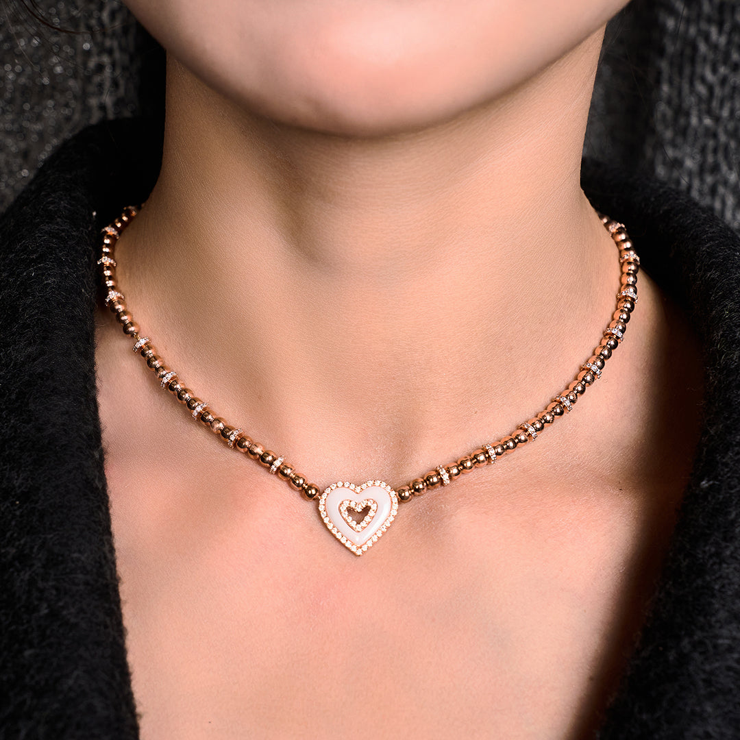Love Heart White Ceramic Double Heart Necklace 18K Rose Gold Plated - BLACK BY BLUE BRAVE