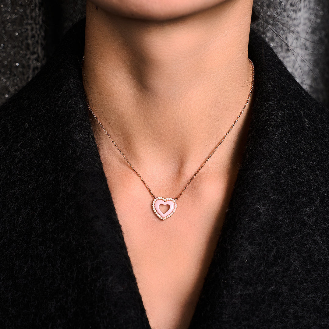 Love Heart Pink Ceramic Necklace 18K Rose Gold Plated - BLACK BY BLUE BRAVE
