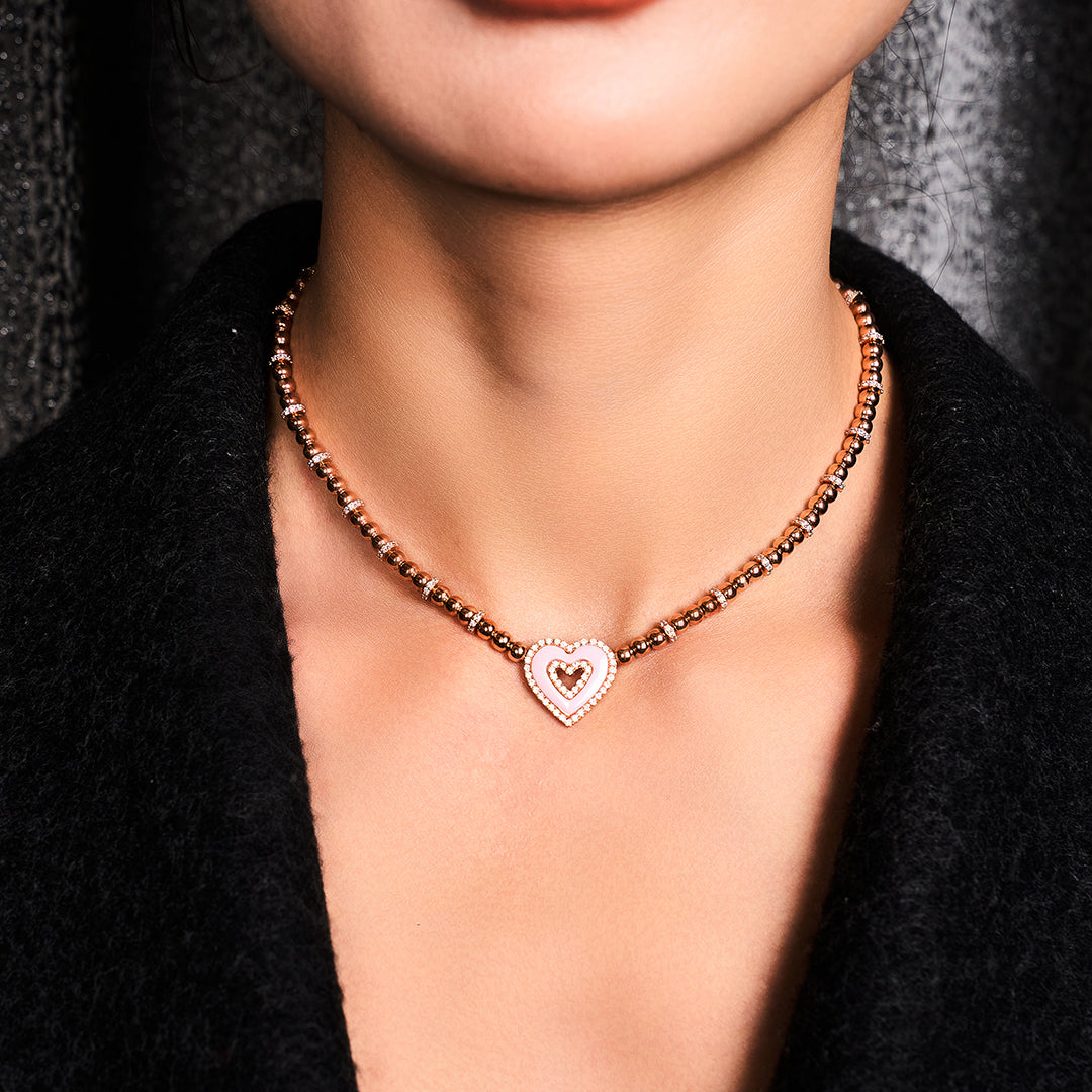 Love Heart Pink Ceramic Double Heart Necklace 18K Rose Gold Plated - BLACK BY BLUE BRAVE