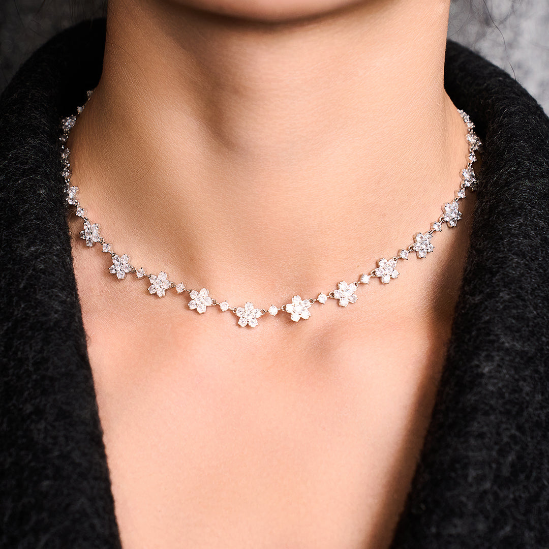 Cherry Blossom Cascade 19-Flower Sakura Zirconia Silver Necklace (Platinum Plated) - BLACK BY BLUE BRAVE